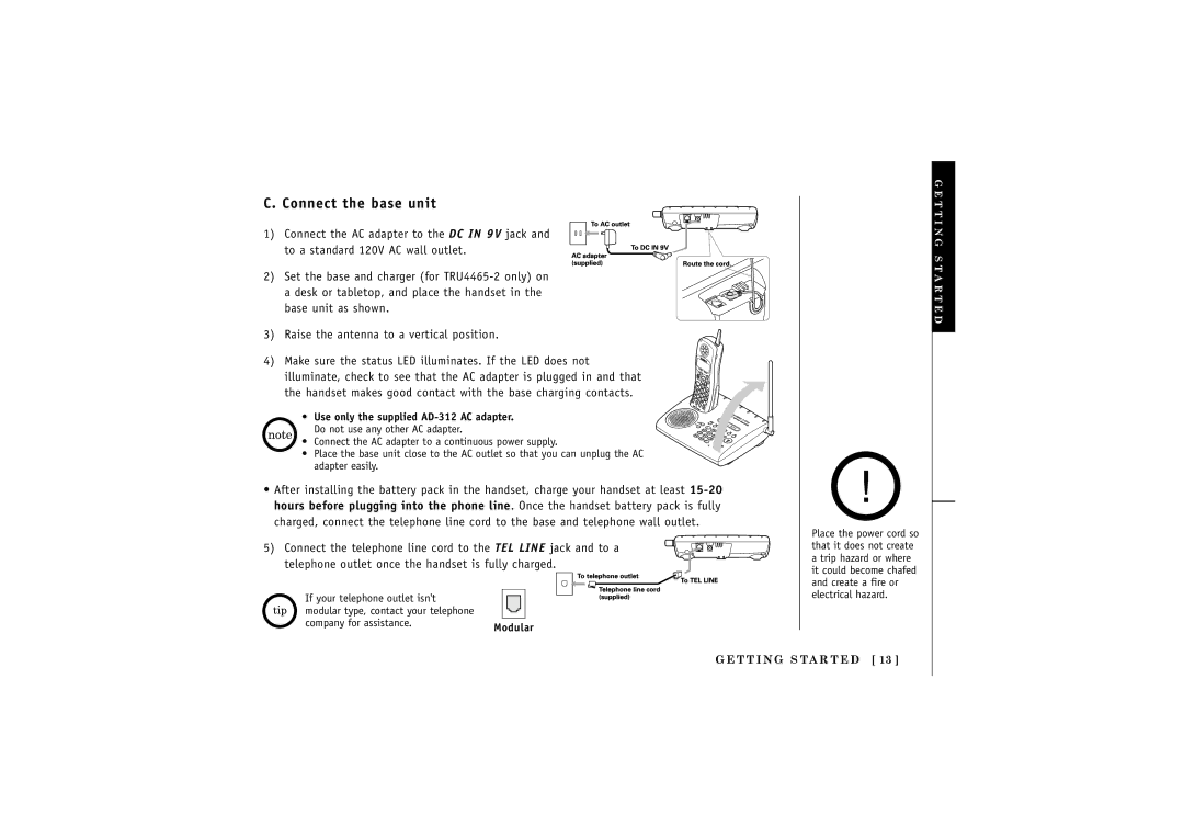 Uniden X2.4GHz manual Connect the base unit, Use only the supplied AD-312 AC adapter 