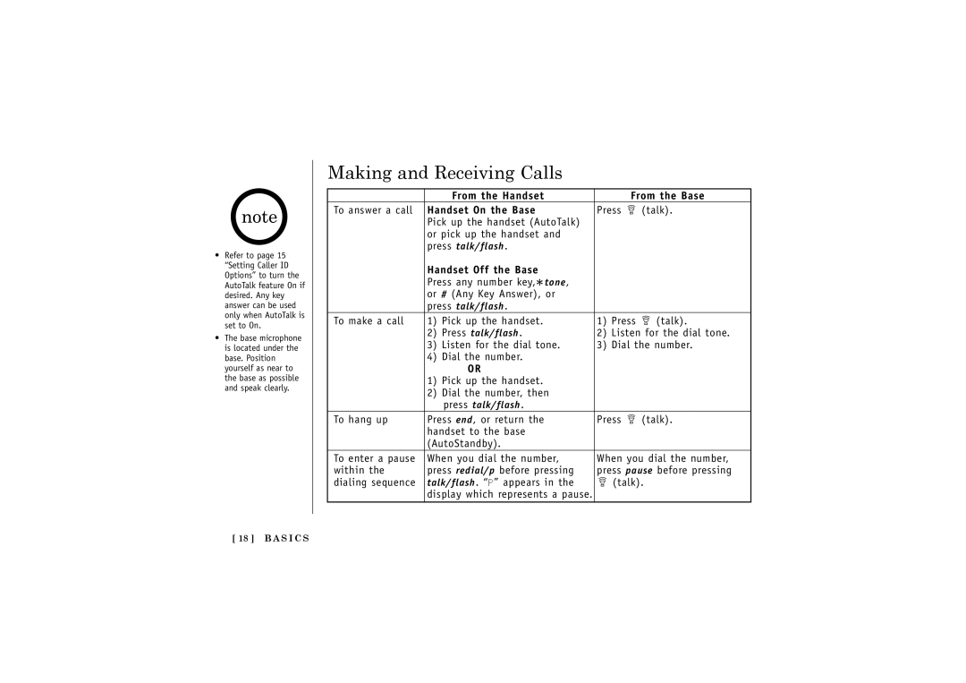 Uniden X2.4GHz manual Making and Receiving Calls, Handset Off the Base 