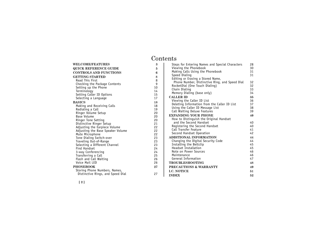 Uniden X2.4GHz manual Contents 