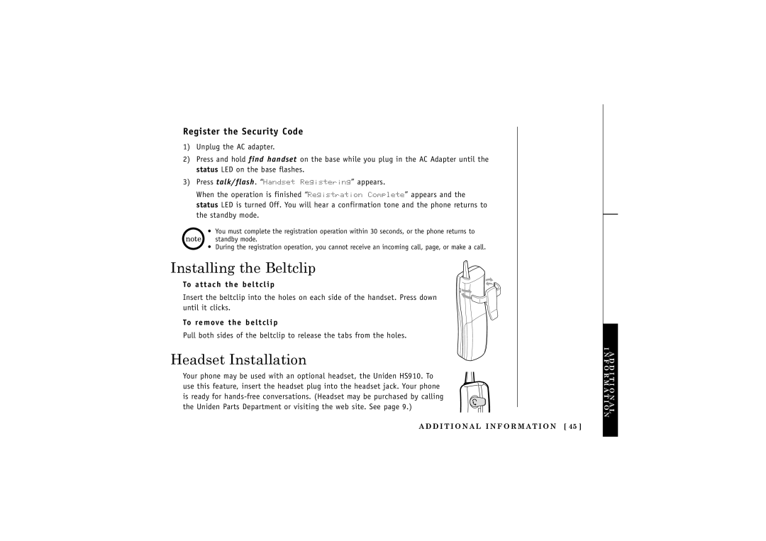 Uniden X2.4GHz manual Installing the Beltclip, Headset Installation, Register the Security Code 