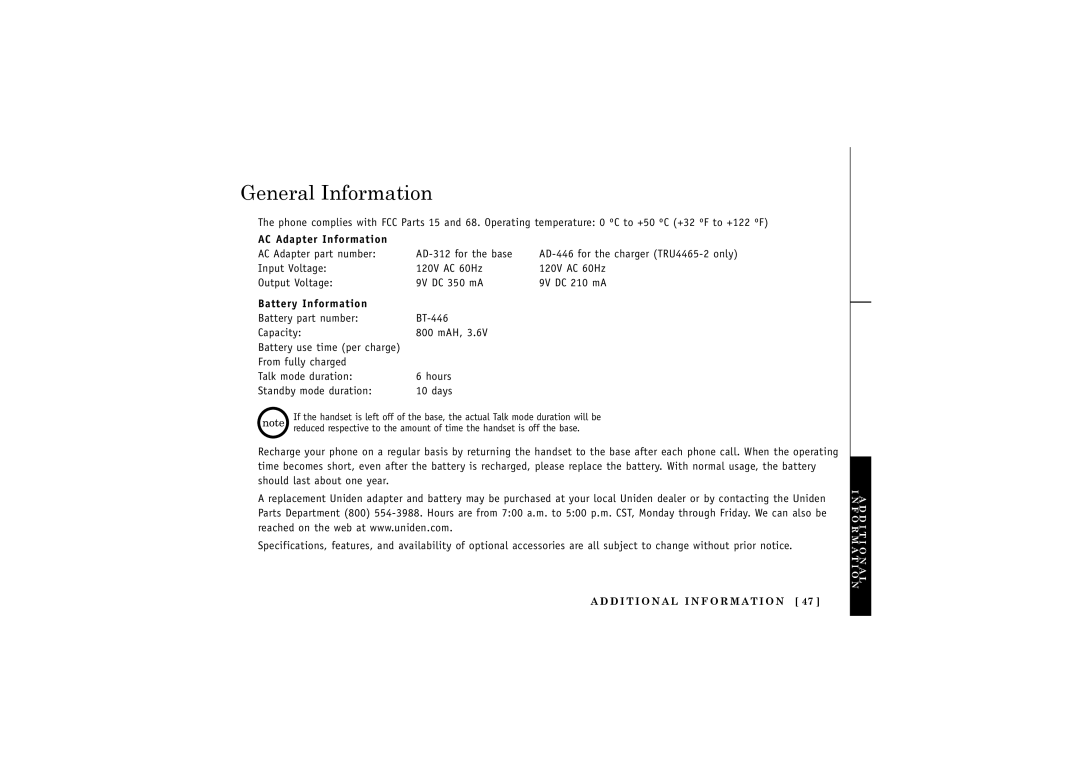 Uniden X2.4GHz manual General Information, AC Adapter Information, Battery Information 