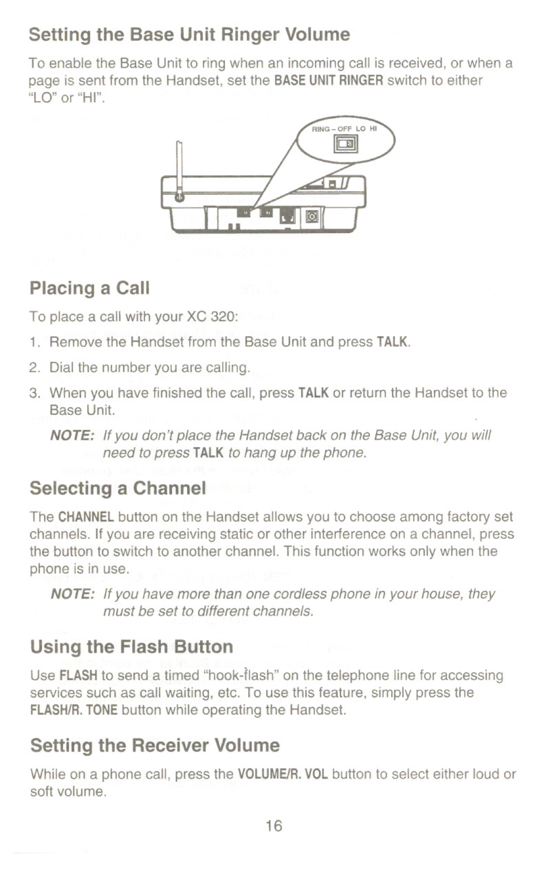 Uniden XC 320 manual Setting the Base Unit Ringer Volume, Placing a Call, Selecting a Channel, Using the Flash Button 