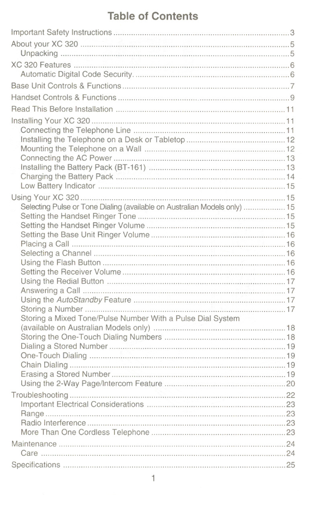 Uniden XC 320 manual Table of Contents 