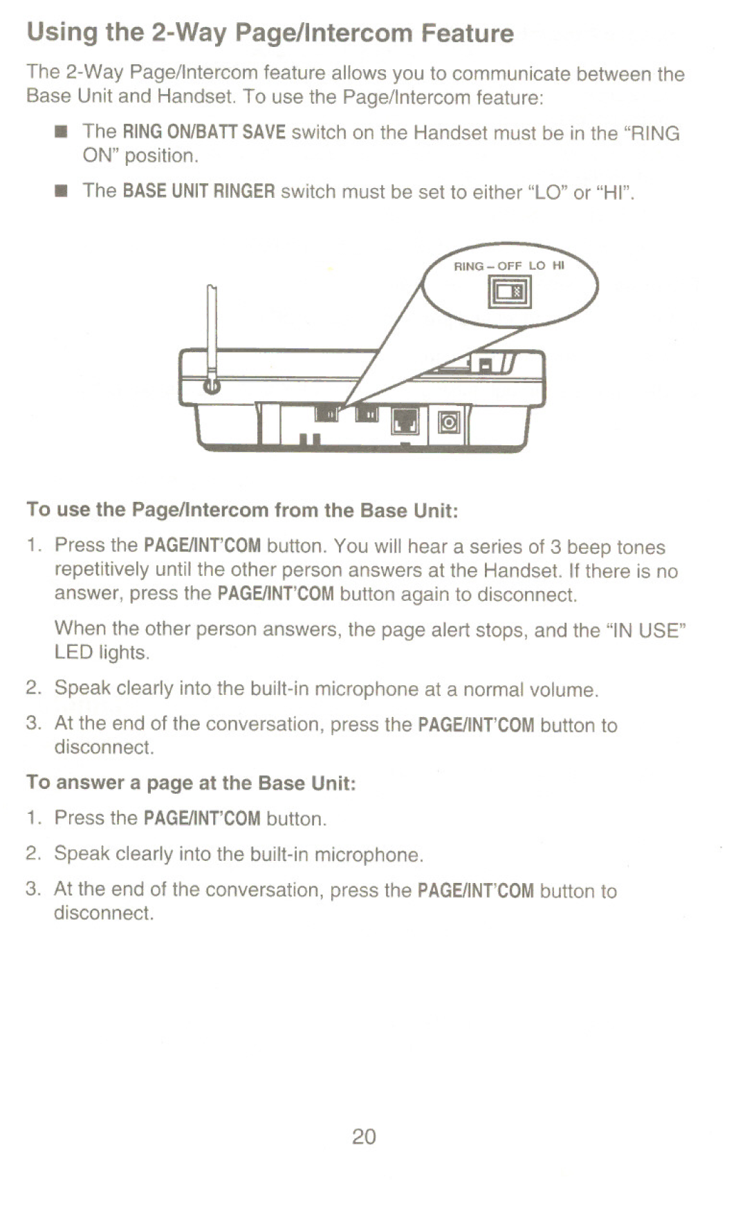 Uniden XC 320 manual Using the 2-Way Page/Intercom Feature, To use the Page/Intercom from the Base Unit 