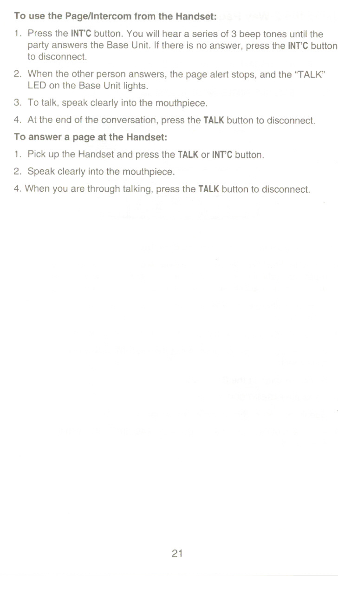 Uniden XC 320 manual To use the Page/Intercom from the Handset 