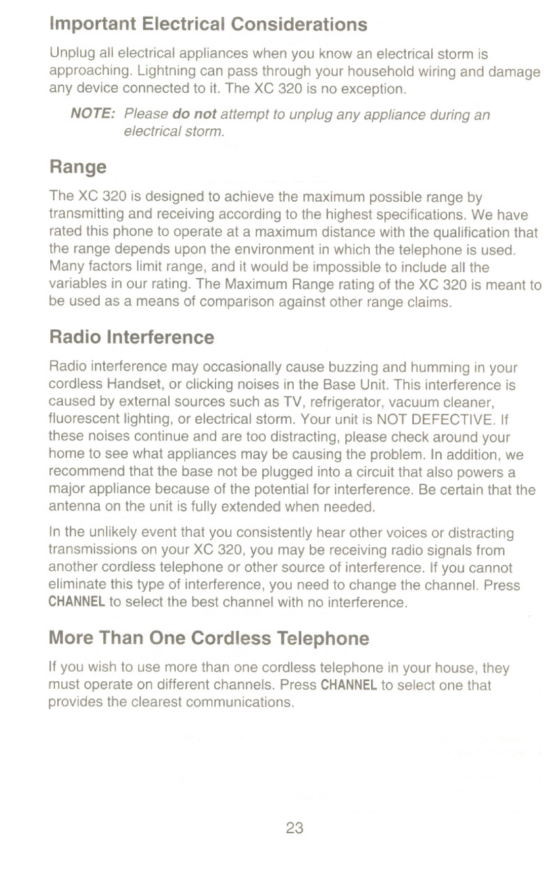 Uniden XC 320 manual Important Electrical Considerations, Radio Interference, More Than One Cordless Telephone, Range 