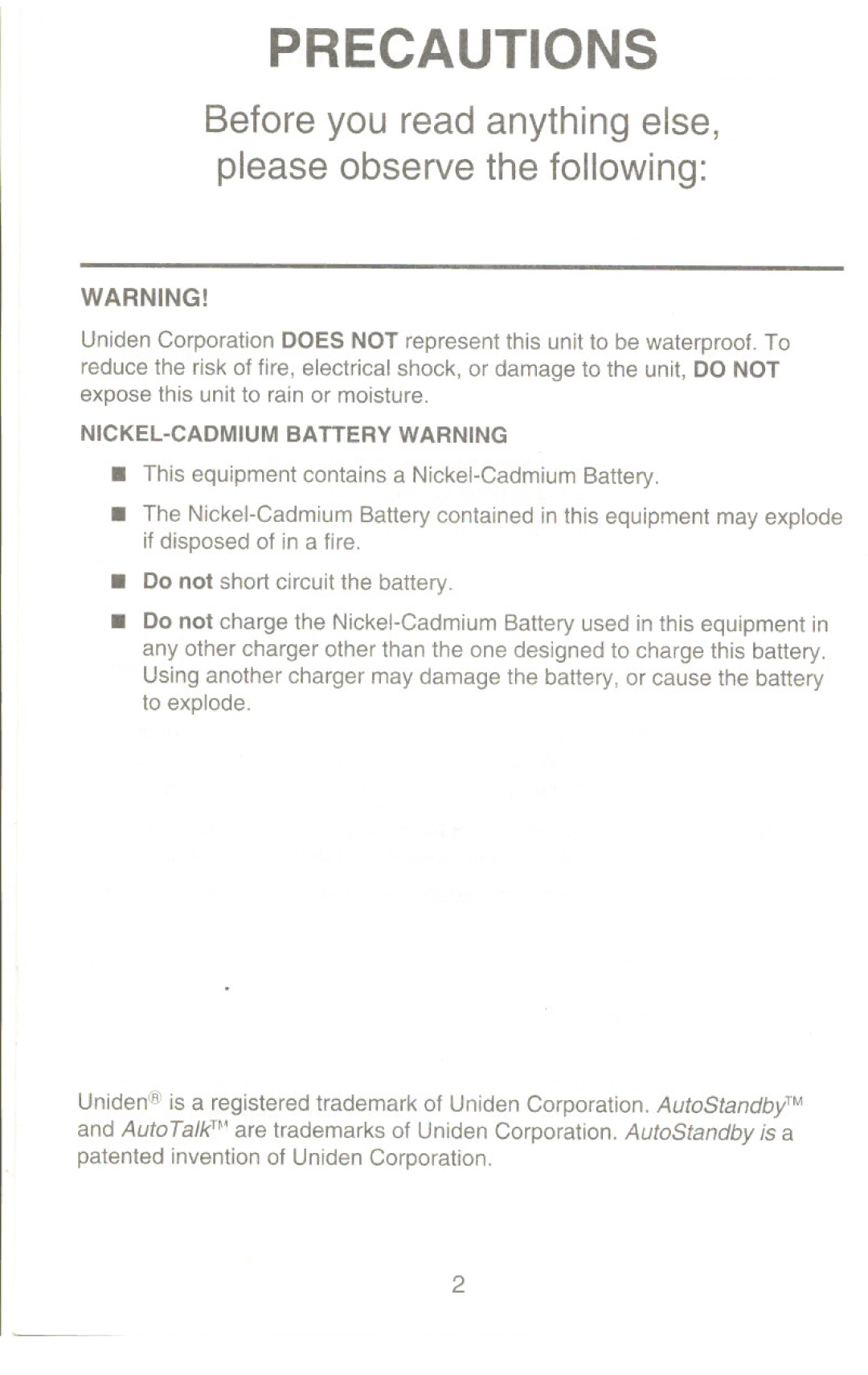 Uniden XC 320 manual Precautions 