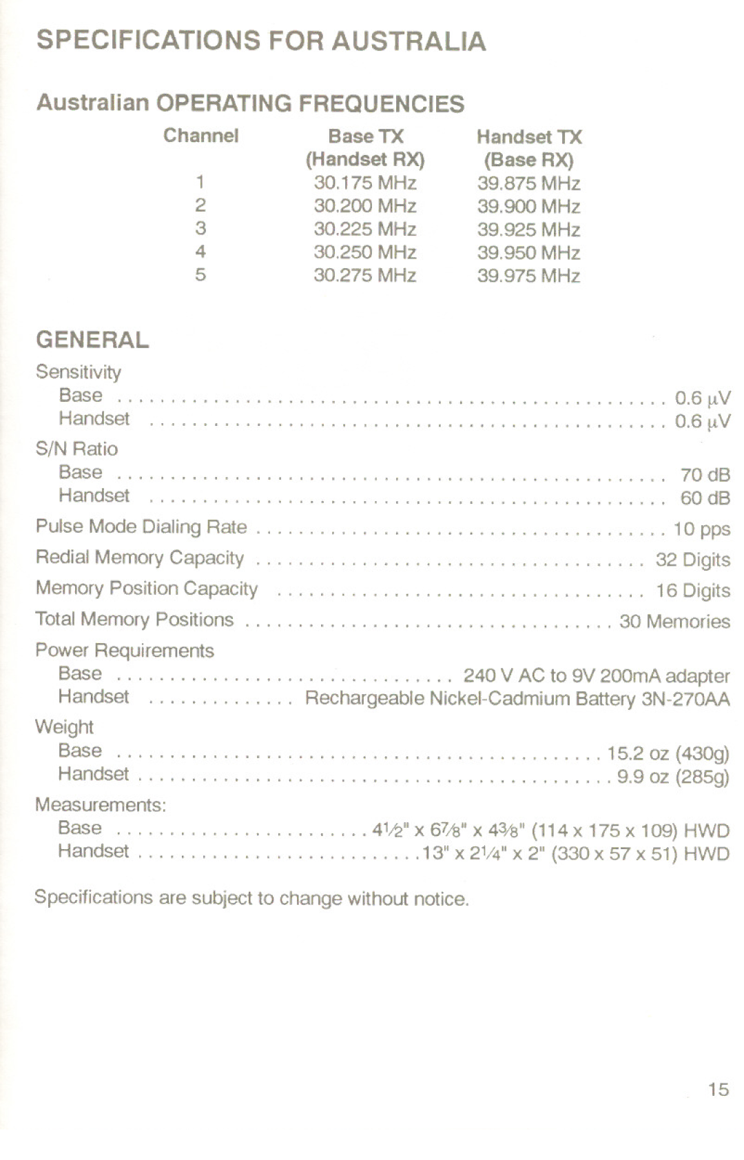 Uniden XC-360 manual Frequencies, General, Handset TX, Handset RX Base RX 