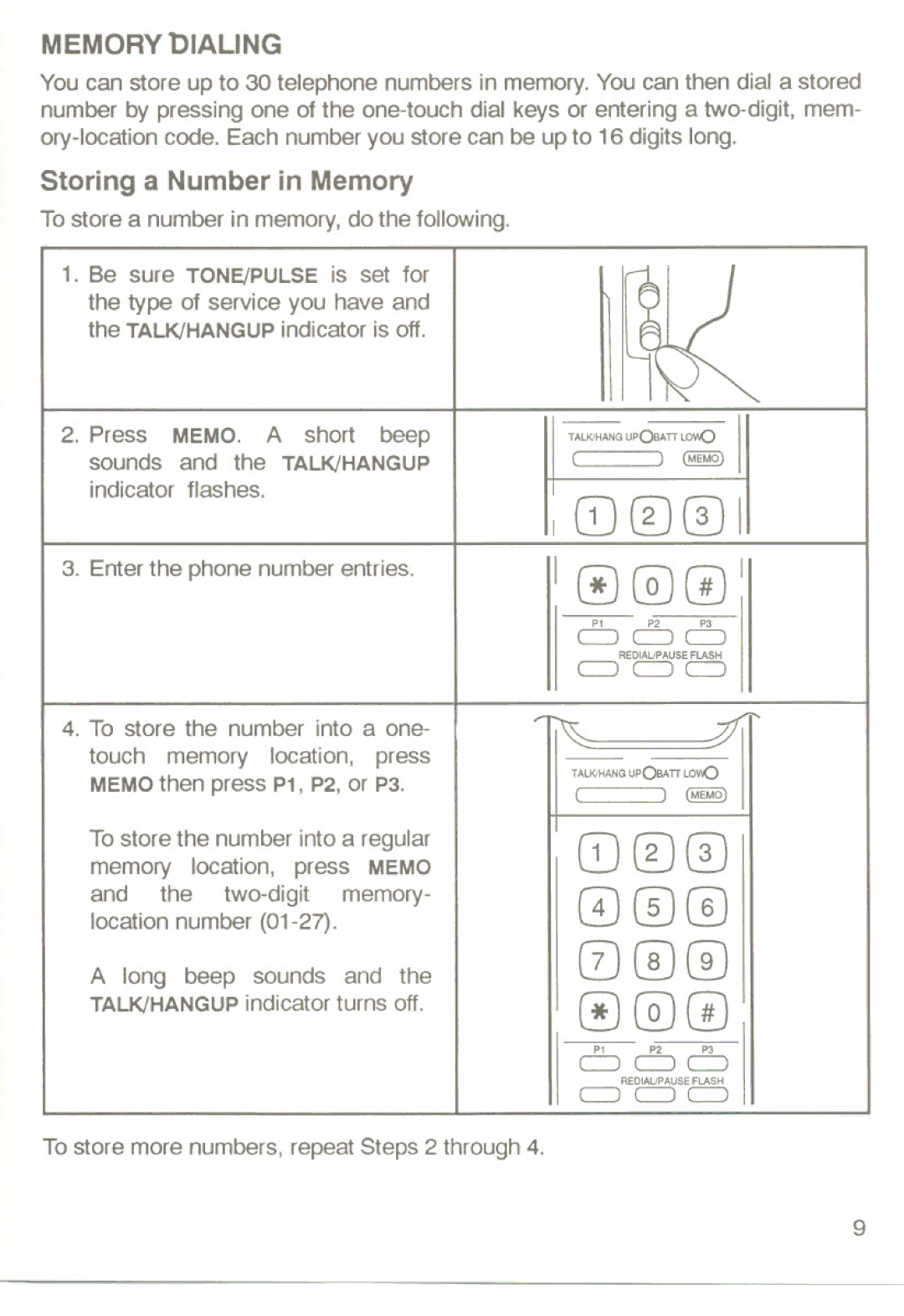 Uniden XC-360 manual Memory Dialing, Storing a Number in Memory 