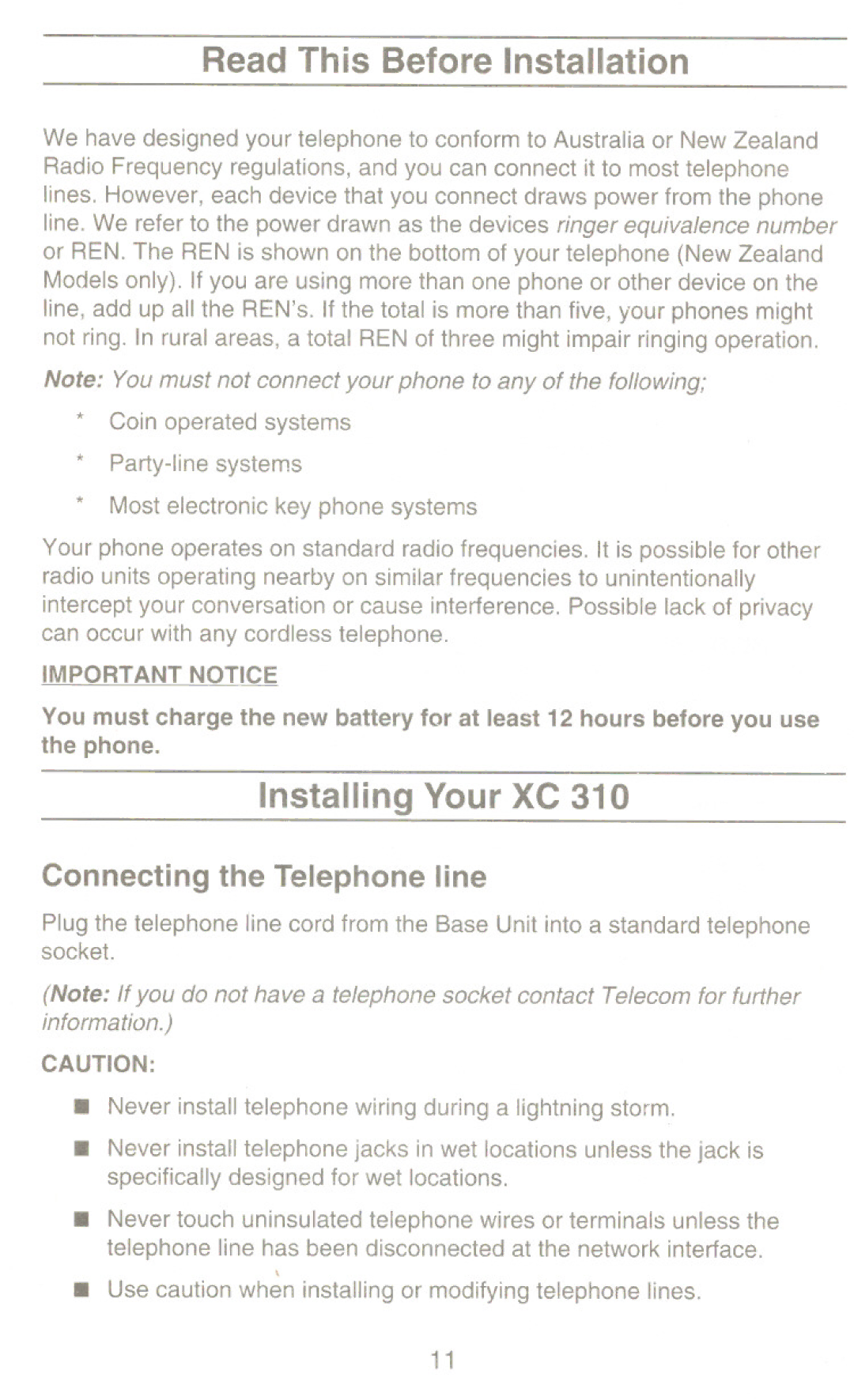 Uniden XC310 manual Installing Your XC, Connecting the Telephone line 