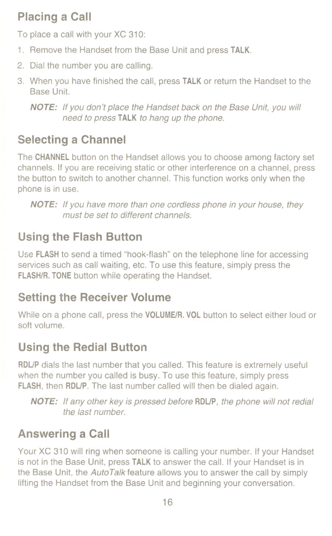 Uniden XC310 manual Placing a Call 