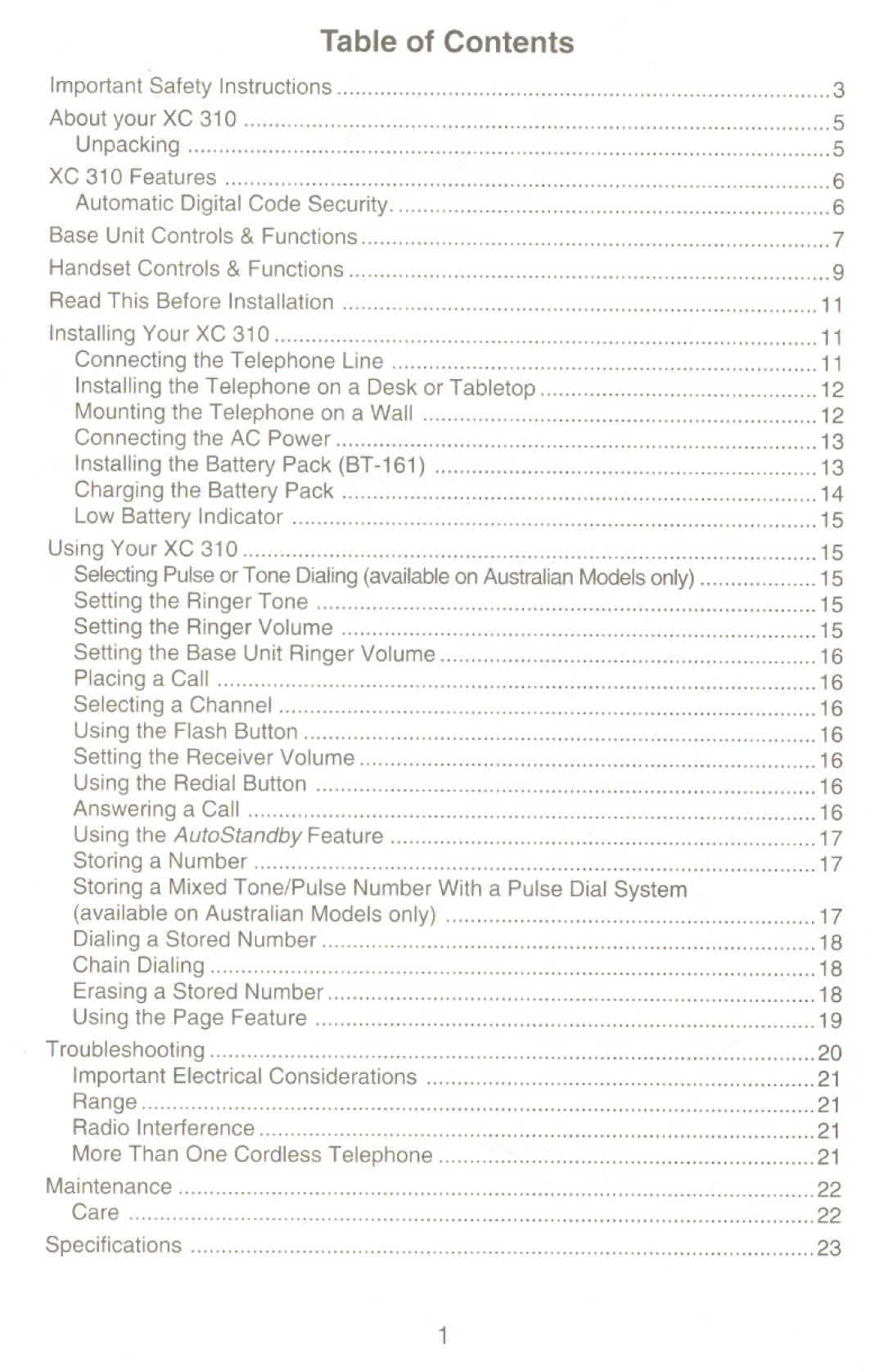 Uniden XC310 manual Table of Contents 