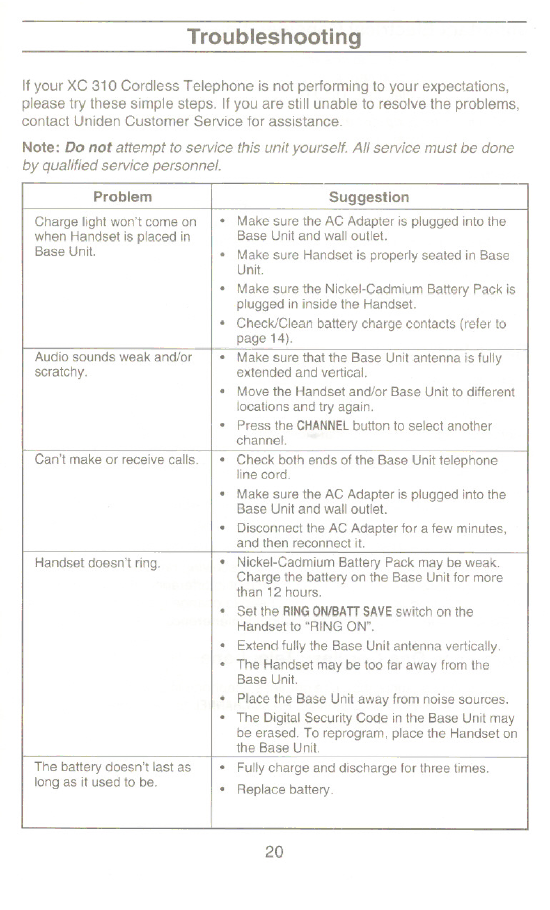 Uniden XC310 manual Troubleshooting, This unit yourself. All service must be done 