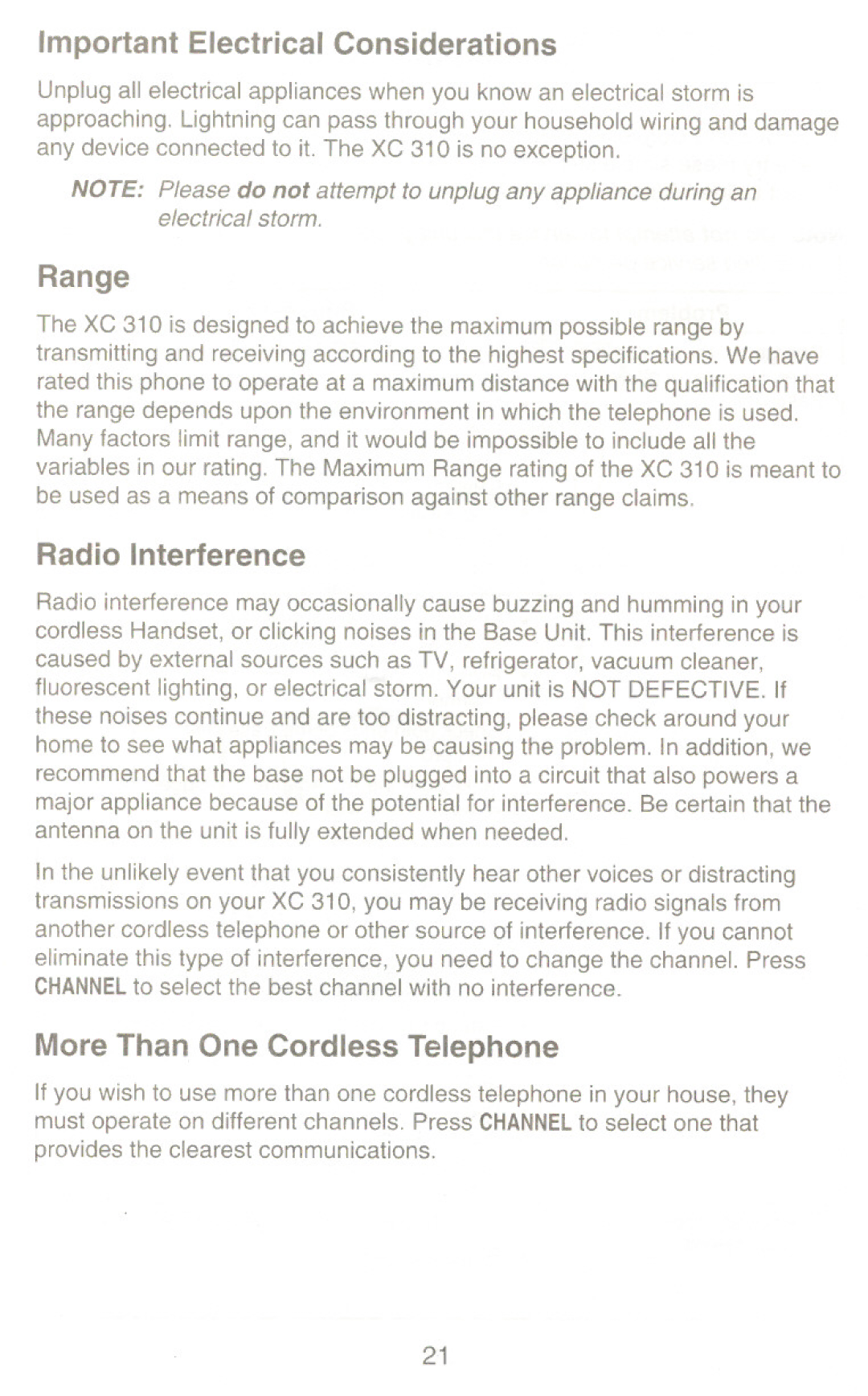 Uniden XC310 manual Important Electrical Considerations, Radio Interference, More Than One Cordless Telephone 