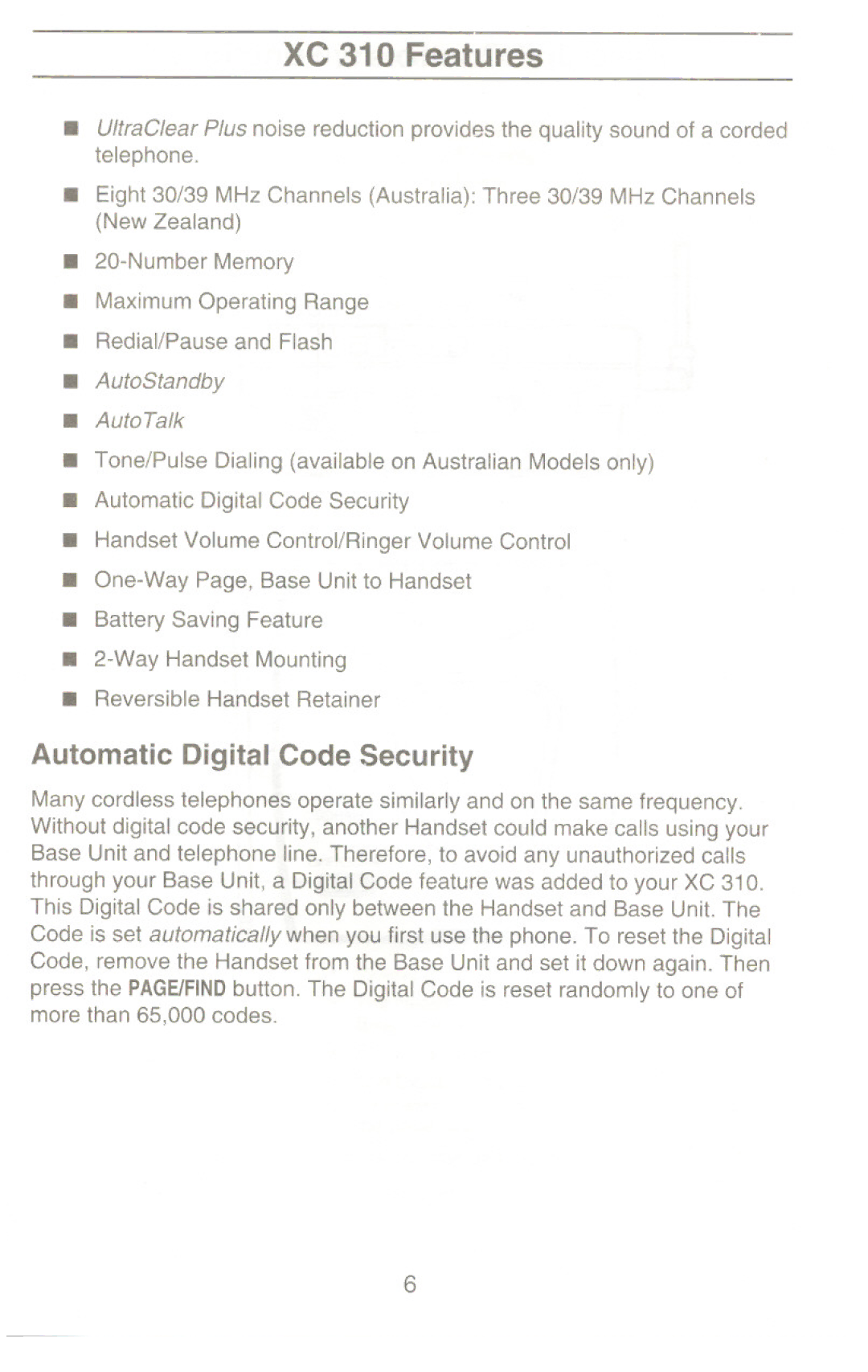 Uniden XC310 manual XC 310 Features, Automatic Digital Code Security 