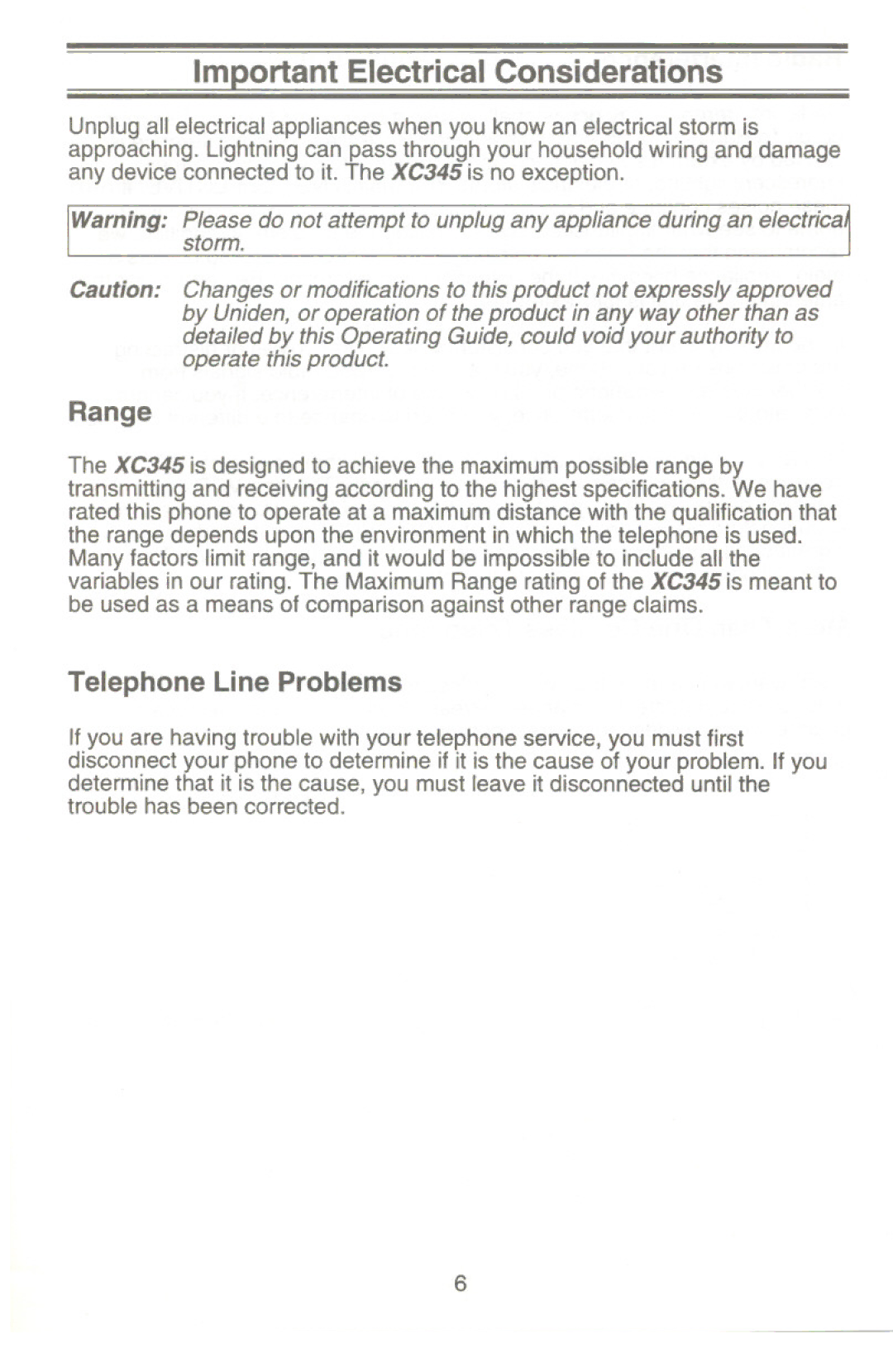 Uniden XC345 manual Im~ortant Electrical Considerations, Telephone Line Problems 