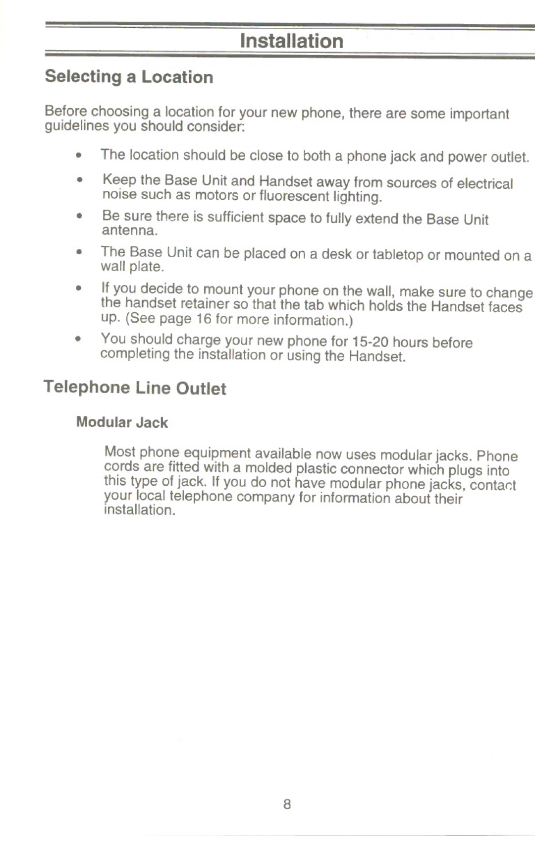 Uniden XC345 manual Selecting a Location, Telephone Line Outlet 