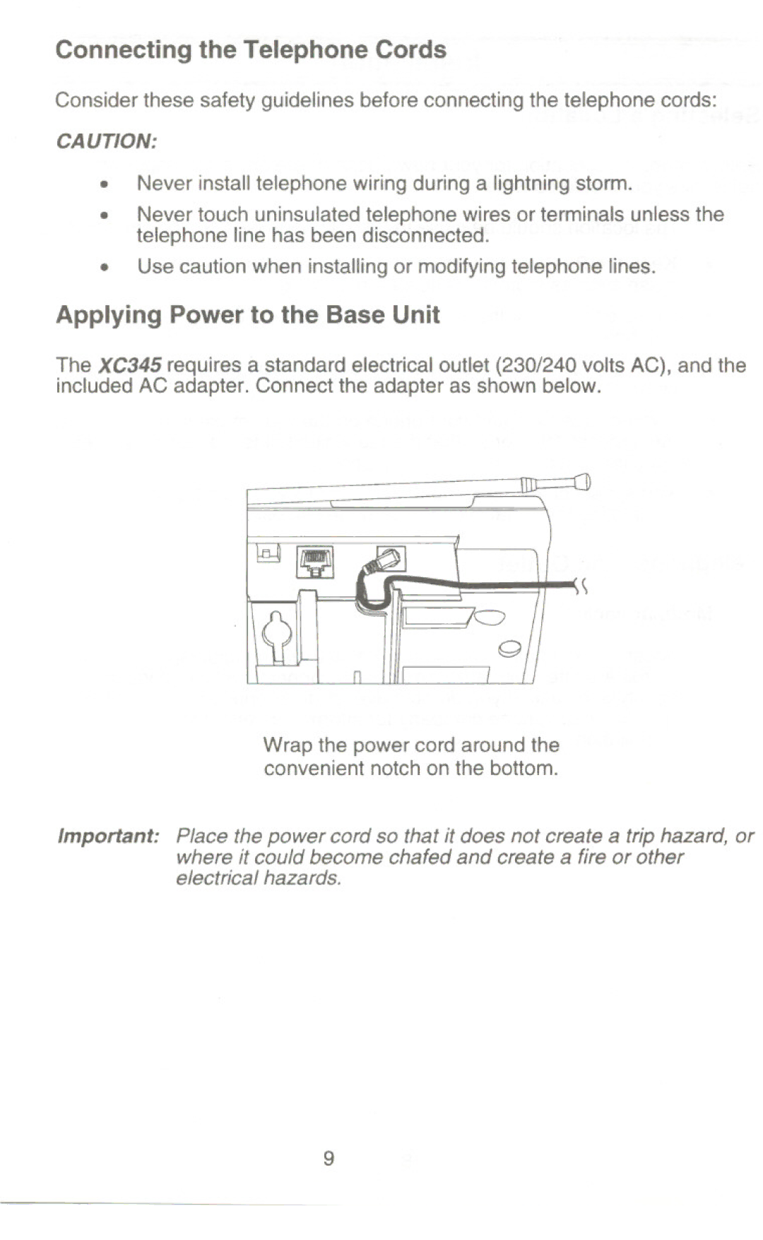 Uniden XC345 manual Connecting the Telephone Cords, Applying Power to the Base Unit 