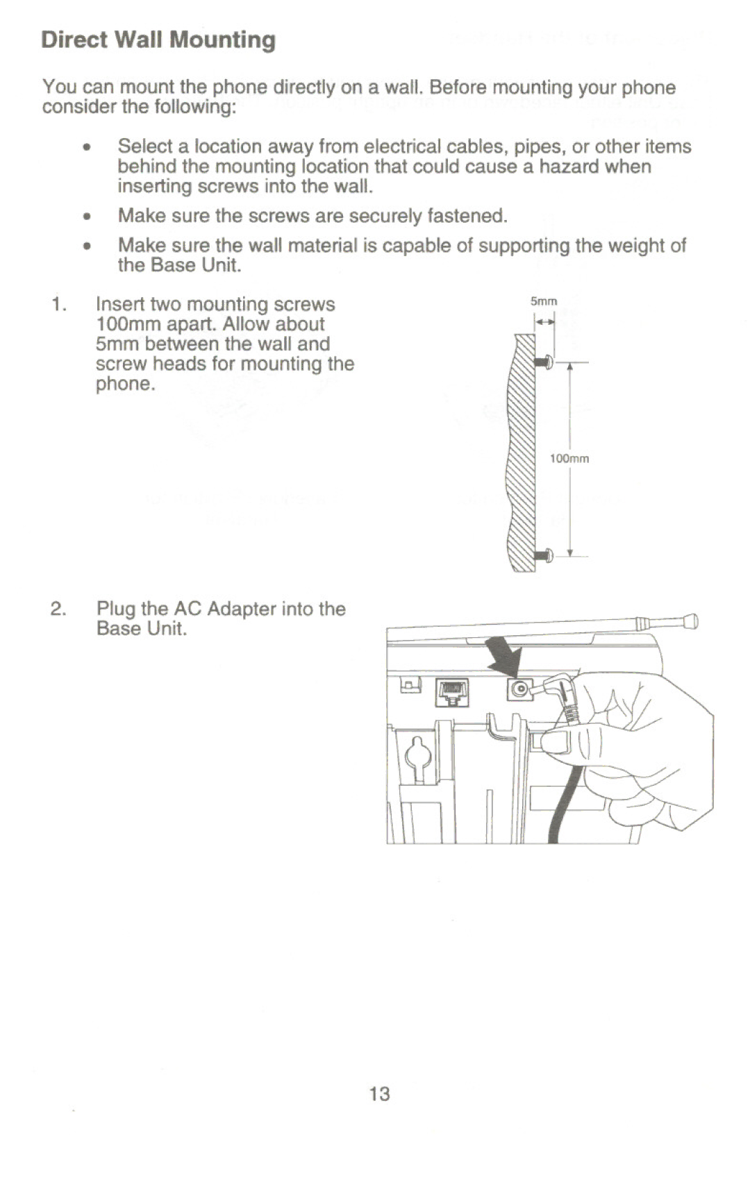 Uniden XC345 manual Direct Wall Mounting, Screwheadsfor mountingthe 