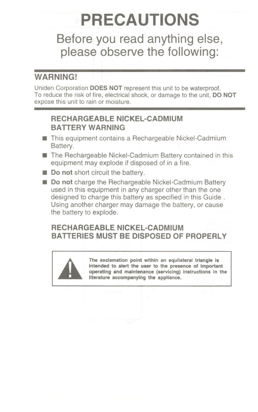 Uniden XC345 manual Precautions 