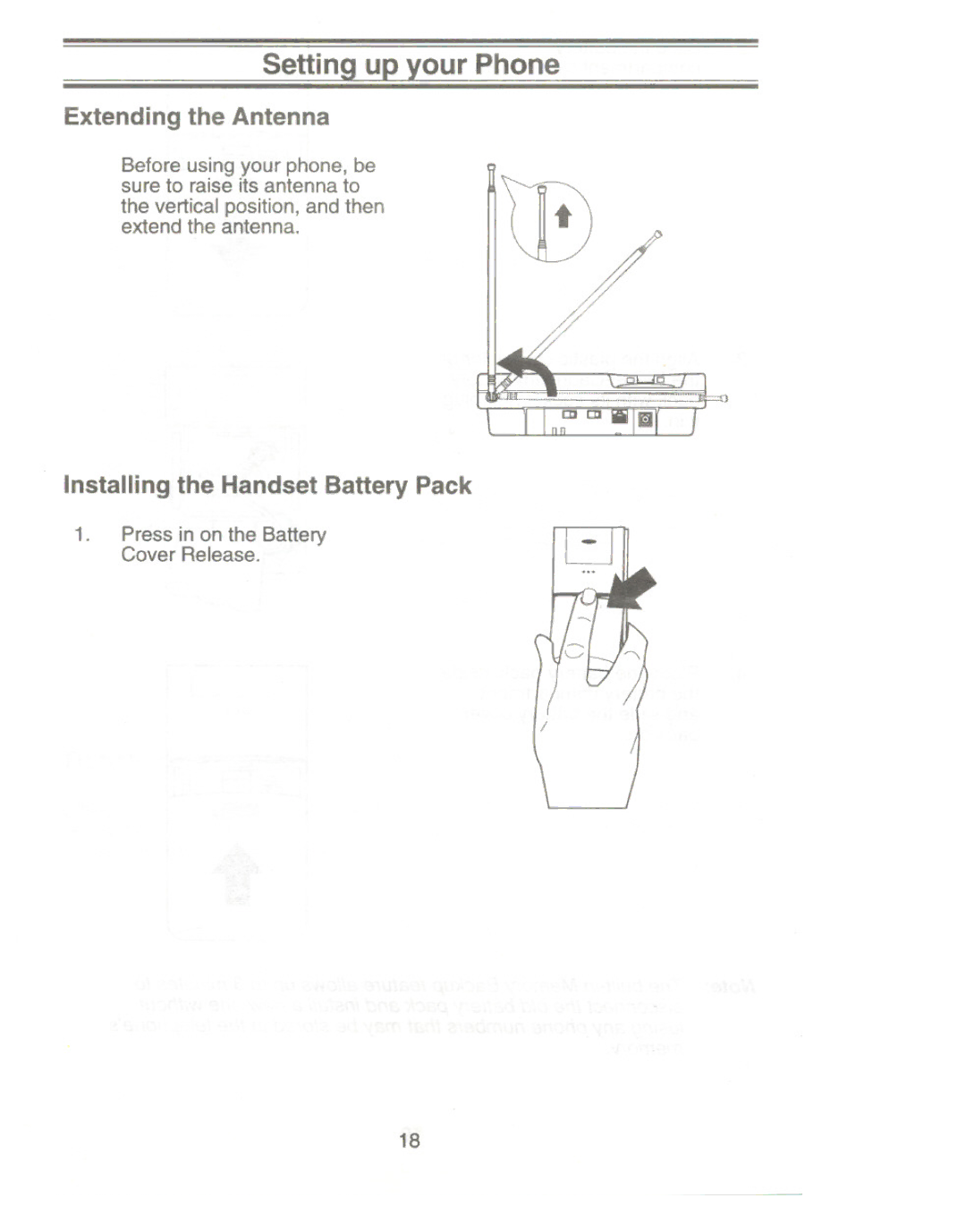 Uniden XC345 manual Extending the Antenna, Installing the Handset Battery Pack 