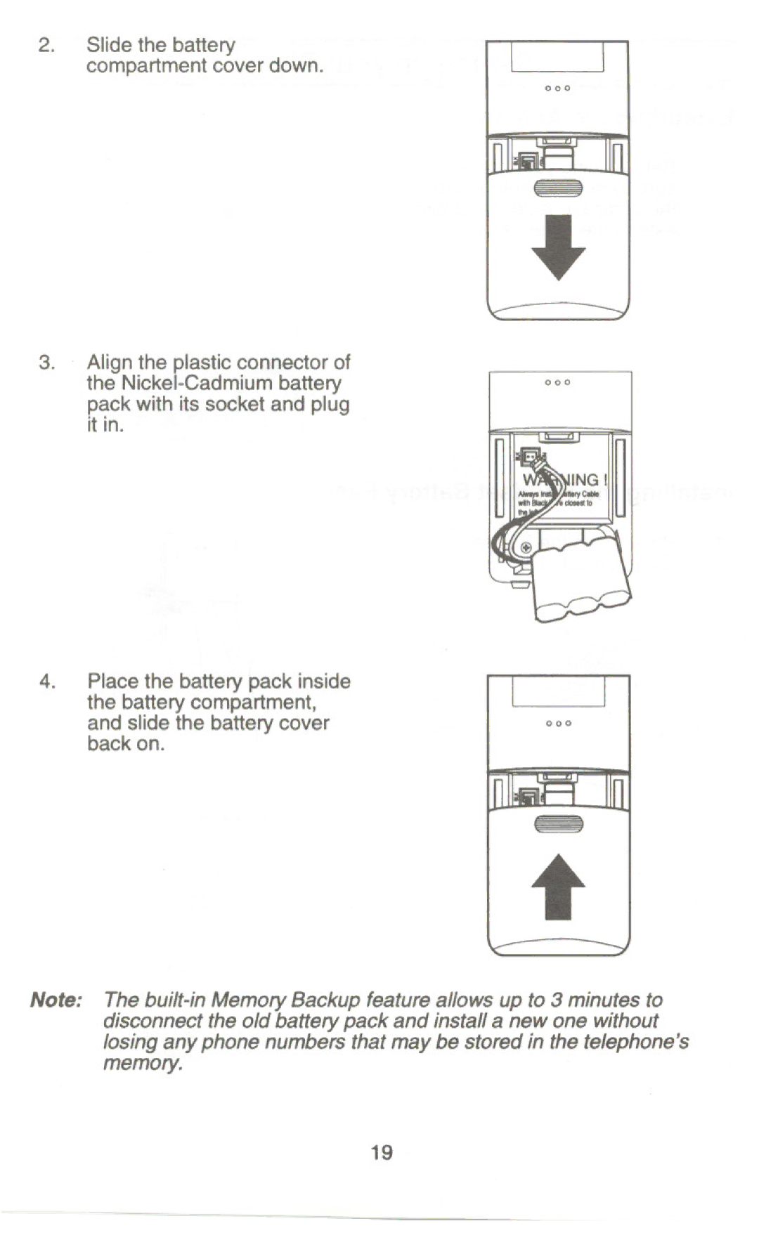 Uniden XC345 manual Slide the battery compartment cover down 