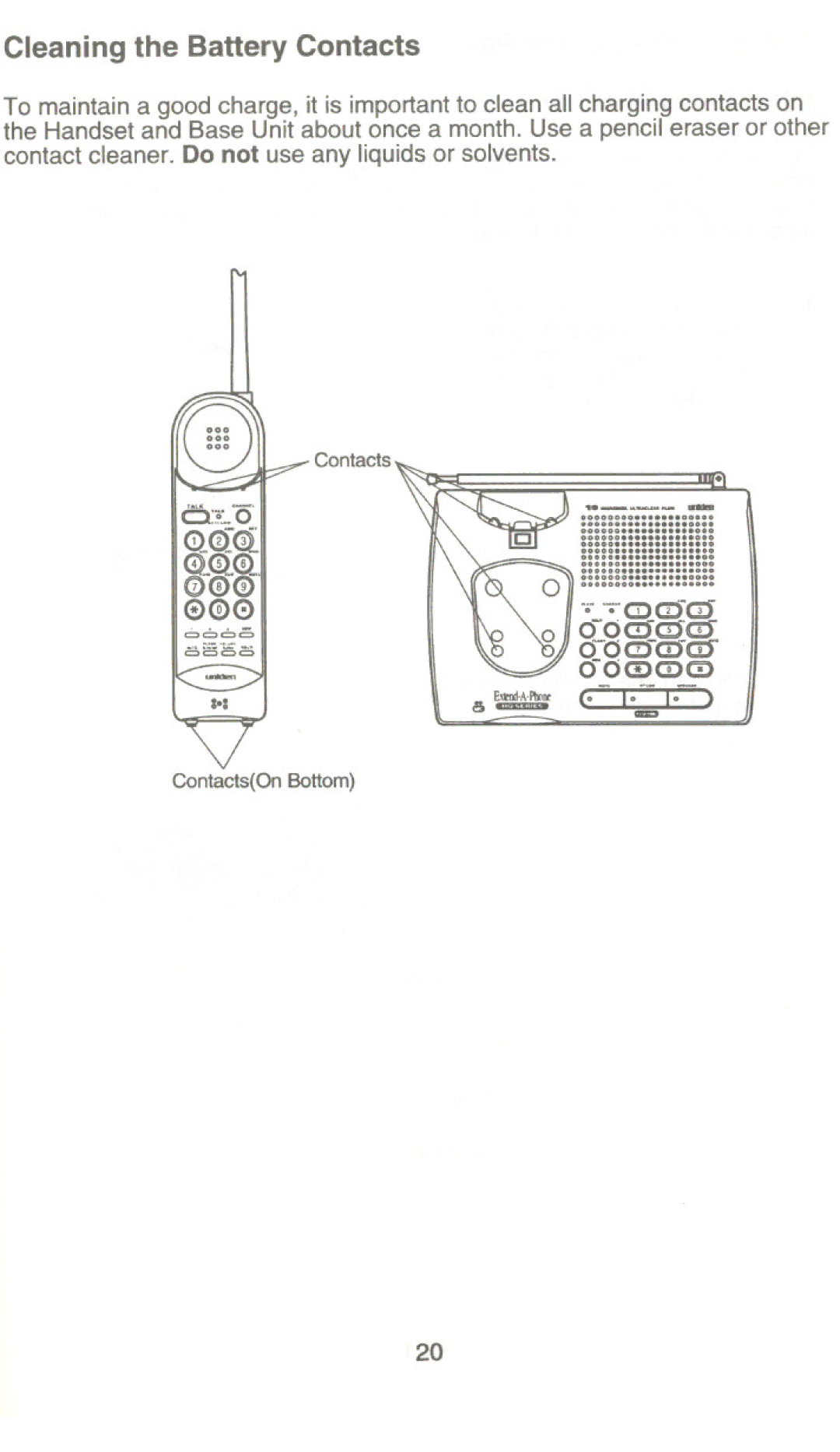 Uniden XC345 manual Cleaning the Battery Contacts 