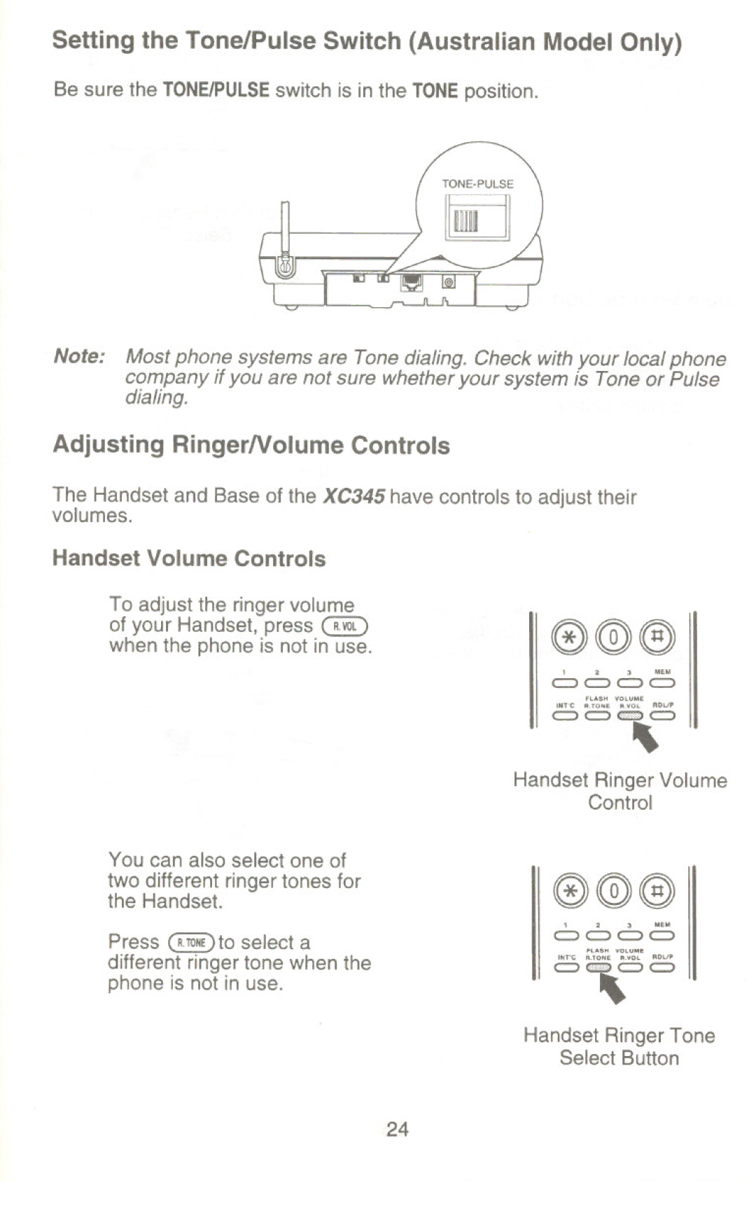 Uniden XC345 manual Adjusting RingerNolume Controls, Handset Volume Controls 