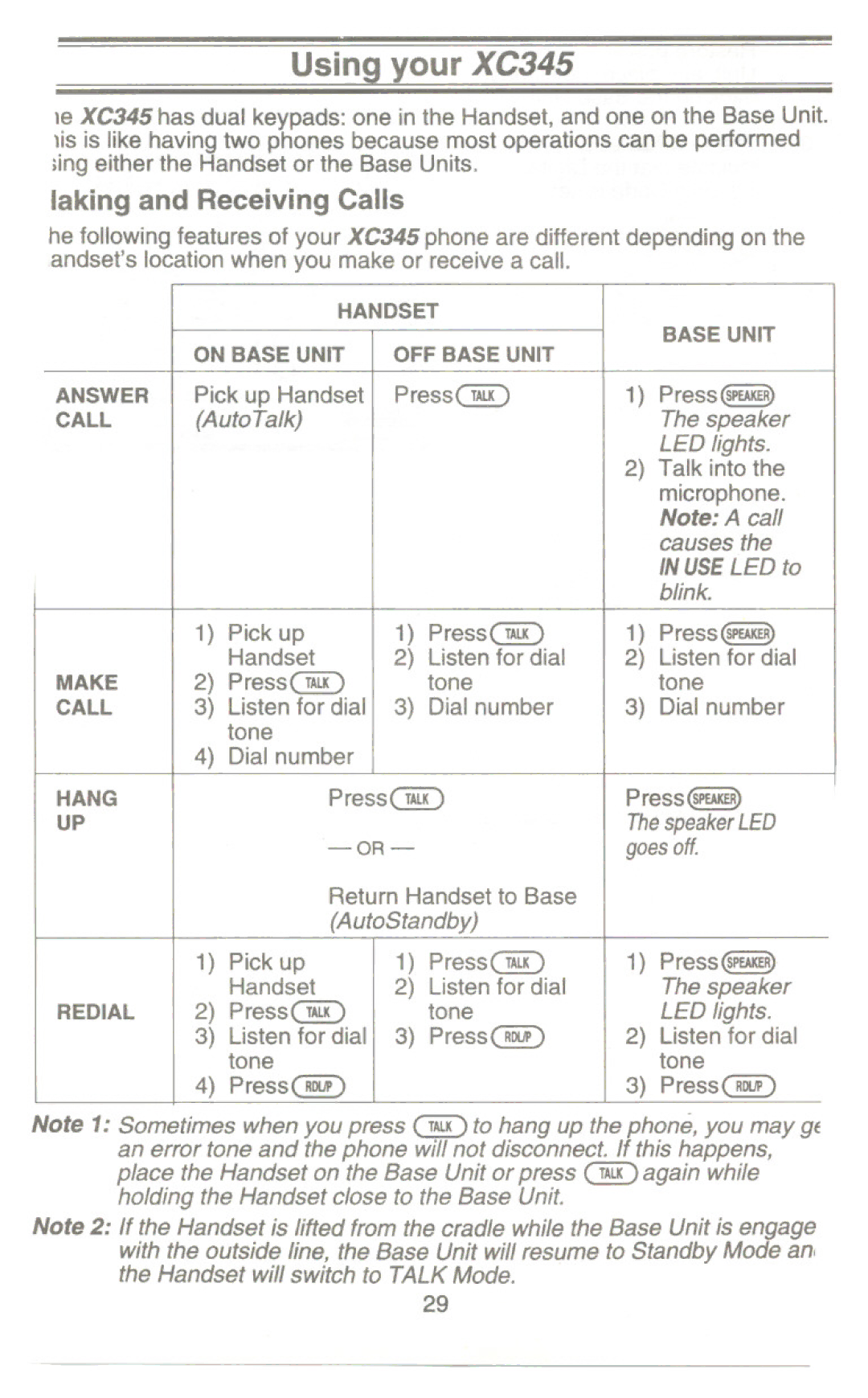 Uniden manual Using your XC345, Laking and Receiving Calls 