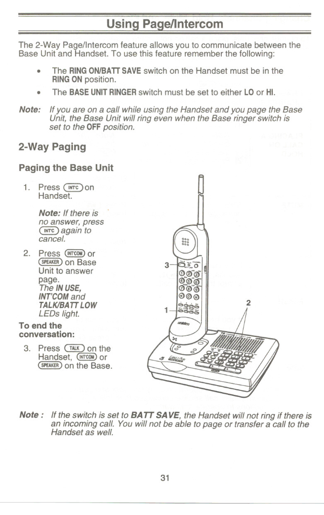 Uniden XC345 manual Way Paging, Paging the Base Unit, To end Conversation 