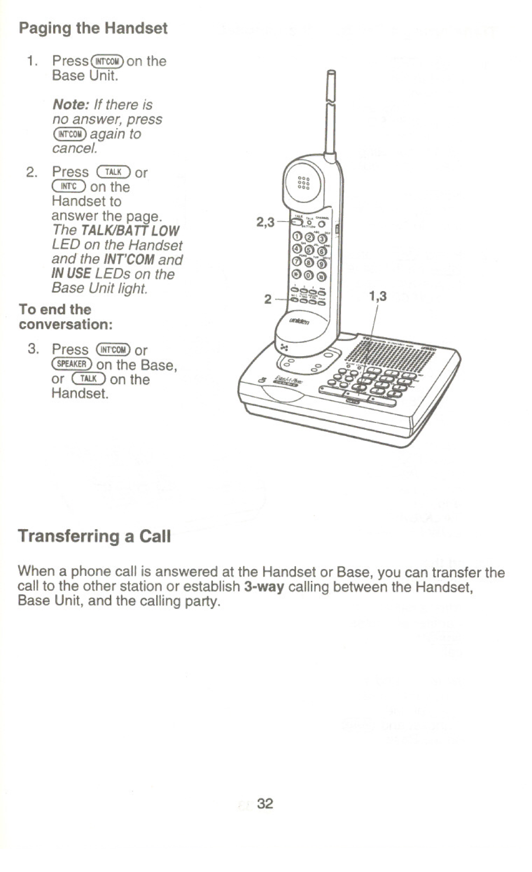 Uniden XC345 manual Transferring a Call, Paging the Handset 