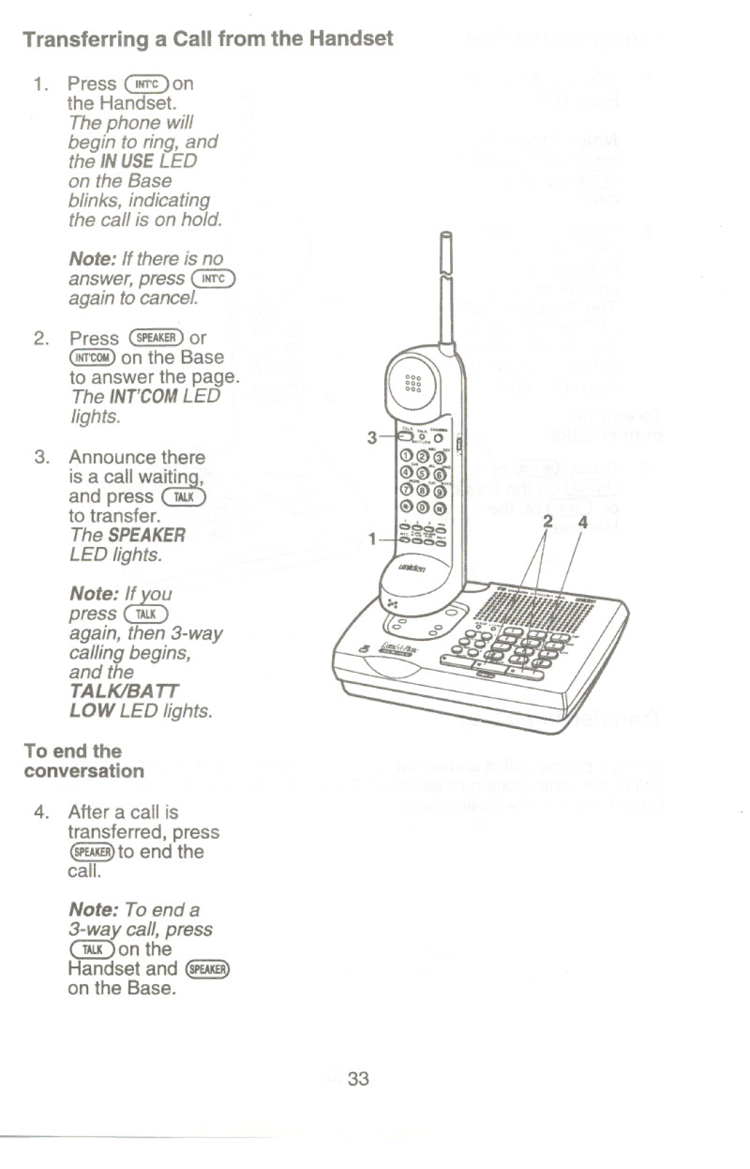 Uniden XC345 manual Transferring a Call from the Handset, To end the conversation 