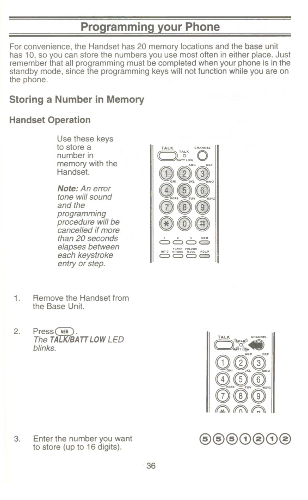 Uniden XC345 manual Storing a Number in Memory, Handset Operation 