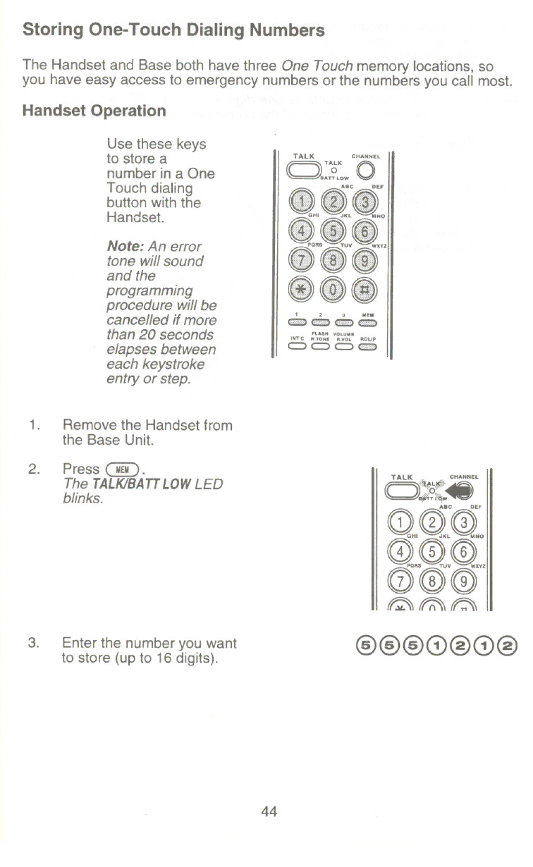 Uniden XC345 manual Xyz, Storing One-Touch Dialing Numbers 