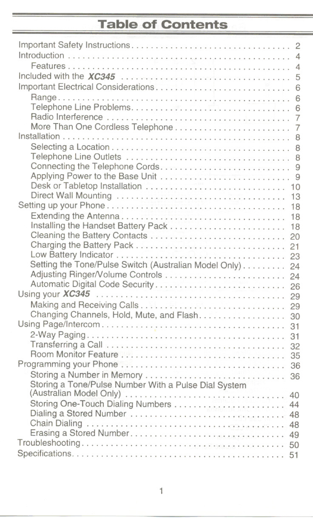 Uniden XC345 manual OfContents 