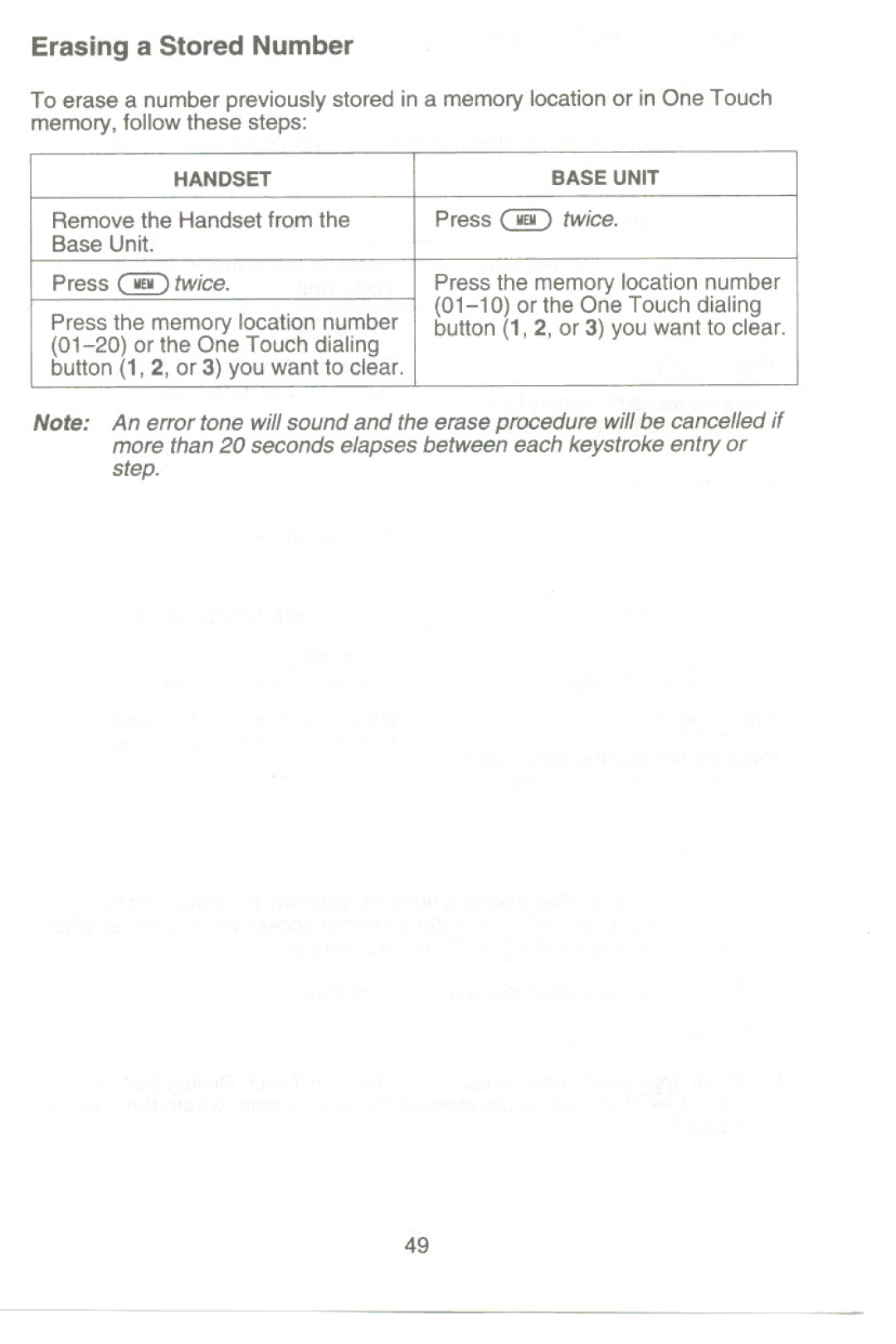 Uniden XC345 manual Erasing a Stored Number, Handset 