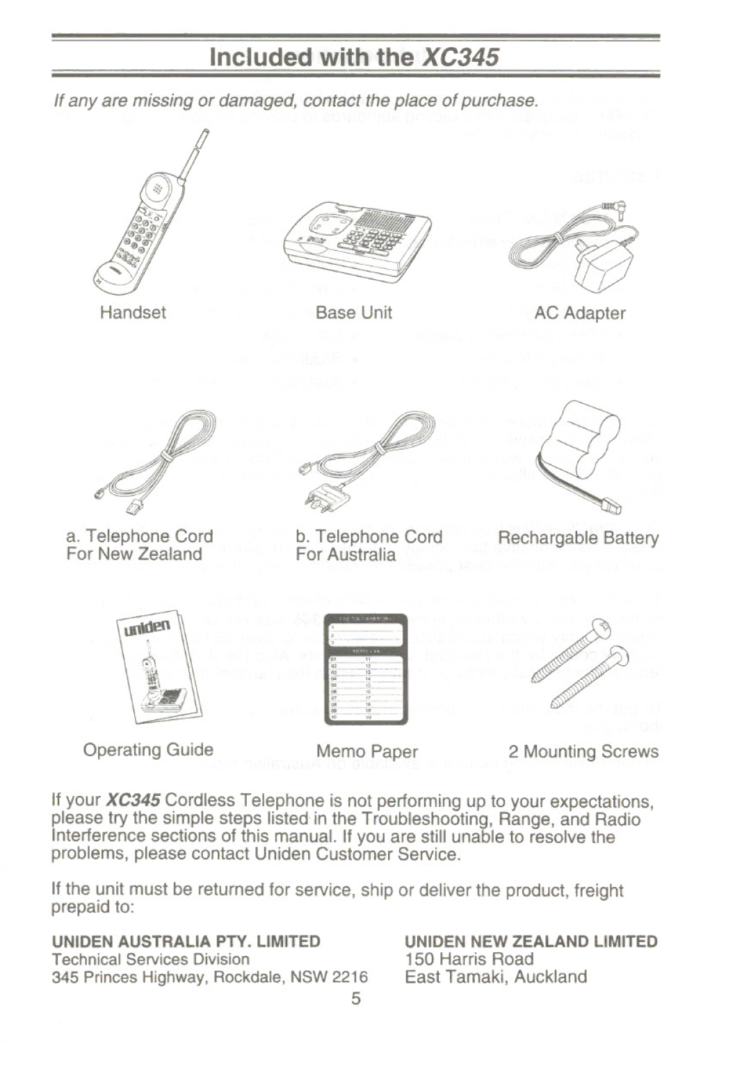 Uniden manual Included with the XC345 