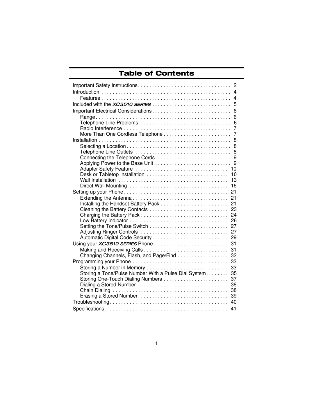 Uniden XC3510 important safety instructions Table of Contents 