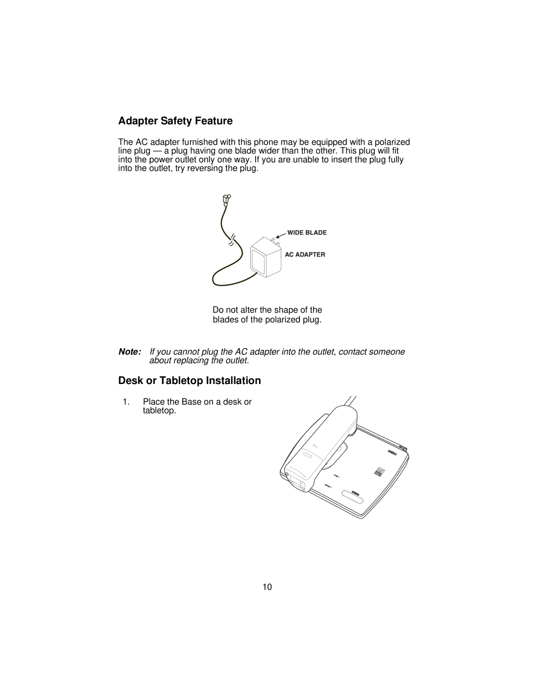 Uniden XC3510 important safety instructions Adapter Safety Feature, Desk or Tabletop Installation 