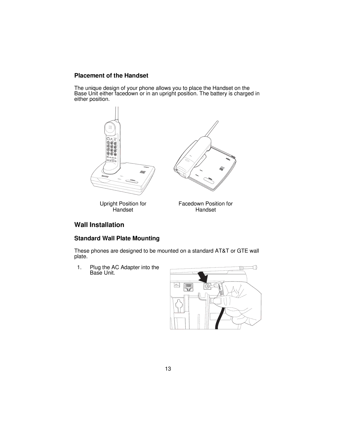 Uniden XC3510 important safety instructions Wall Installation, Placement of the Handset 