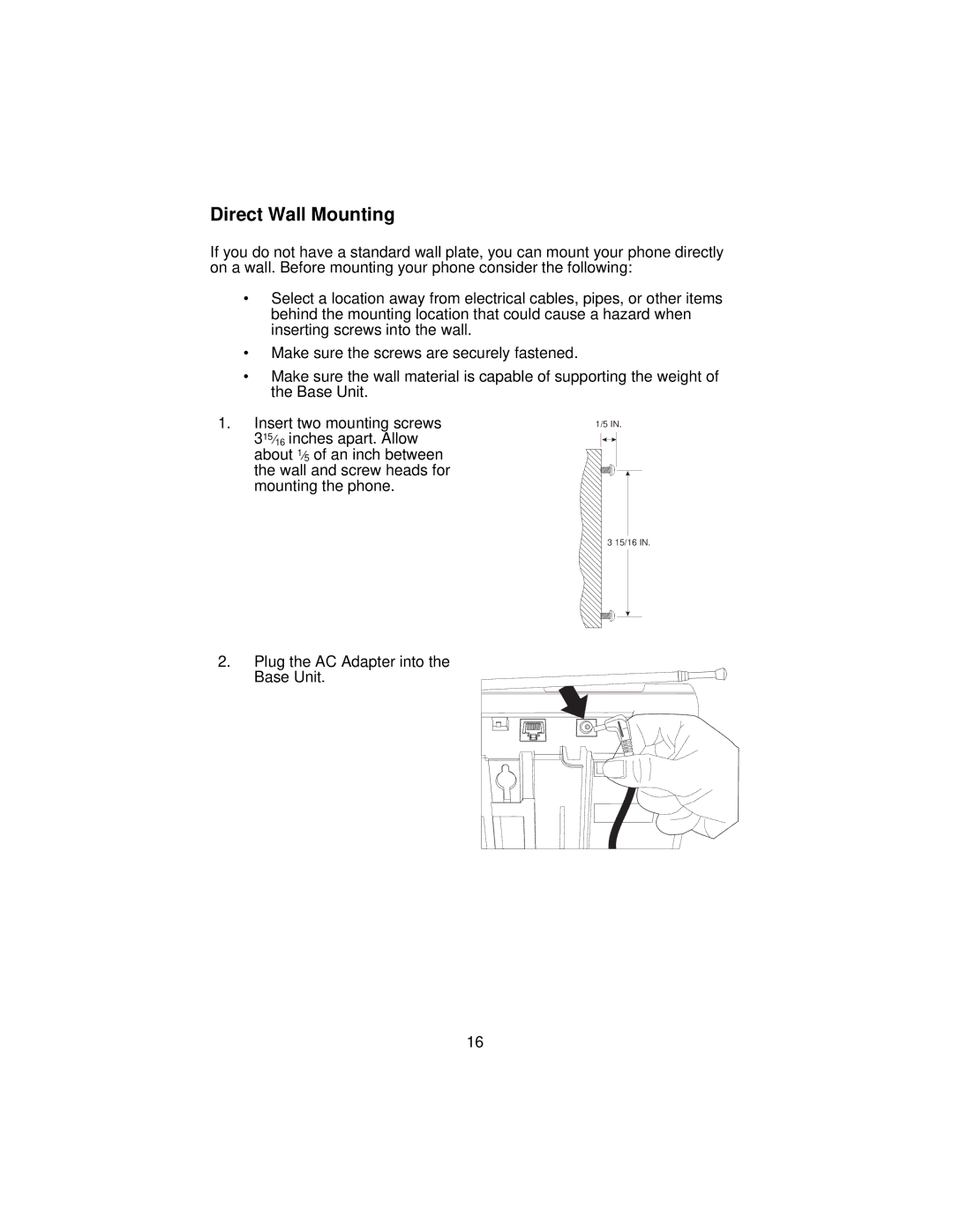 Uniden XC3510 important safety instructions Direct Wall Mounting 