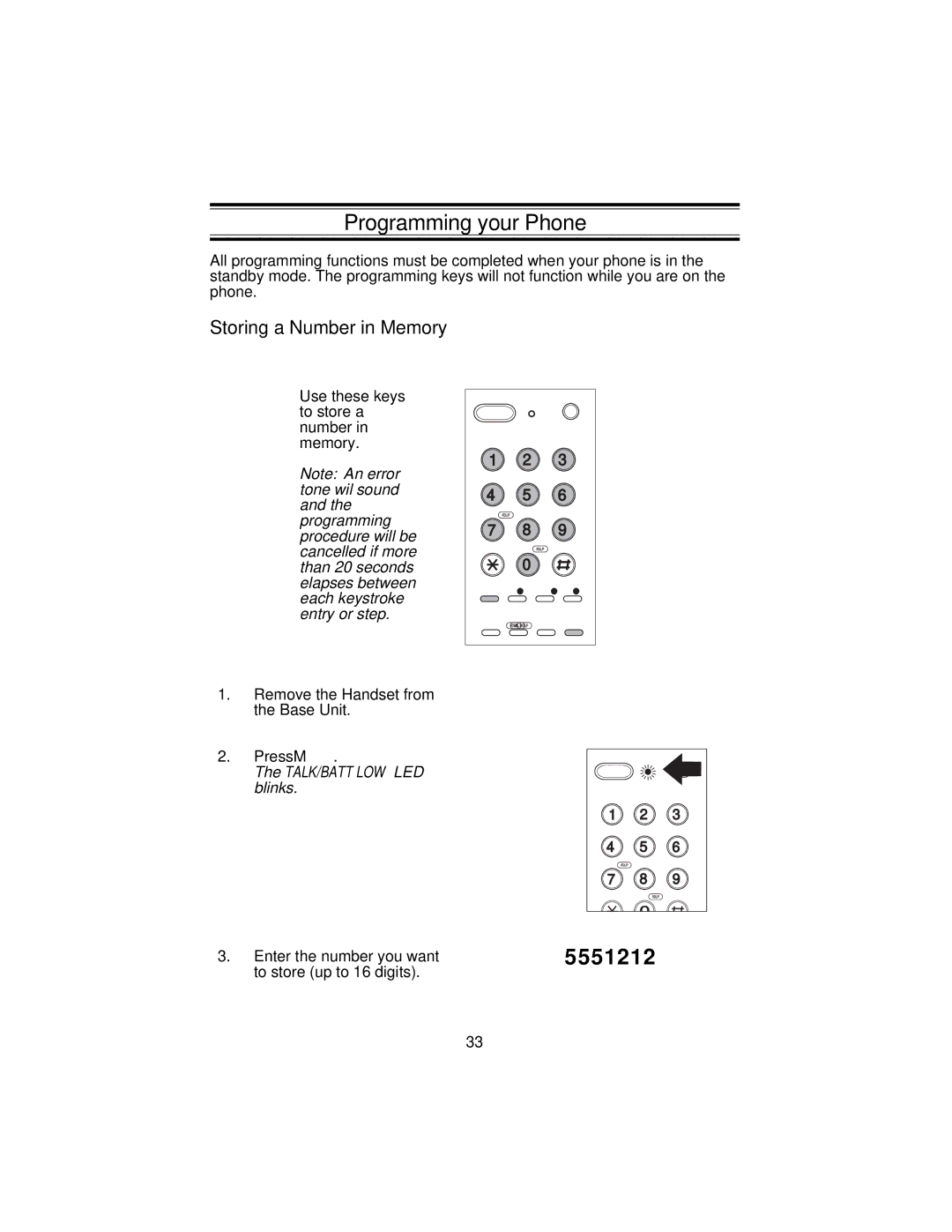 Uniden XC3510 important safety instructions Programming your Phone, Storing a Number in Memory 