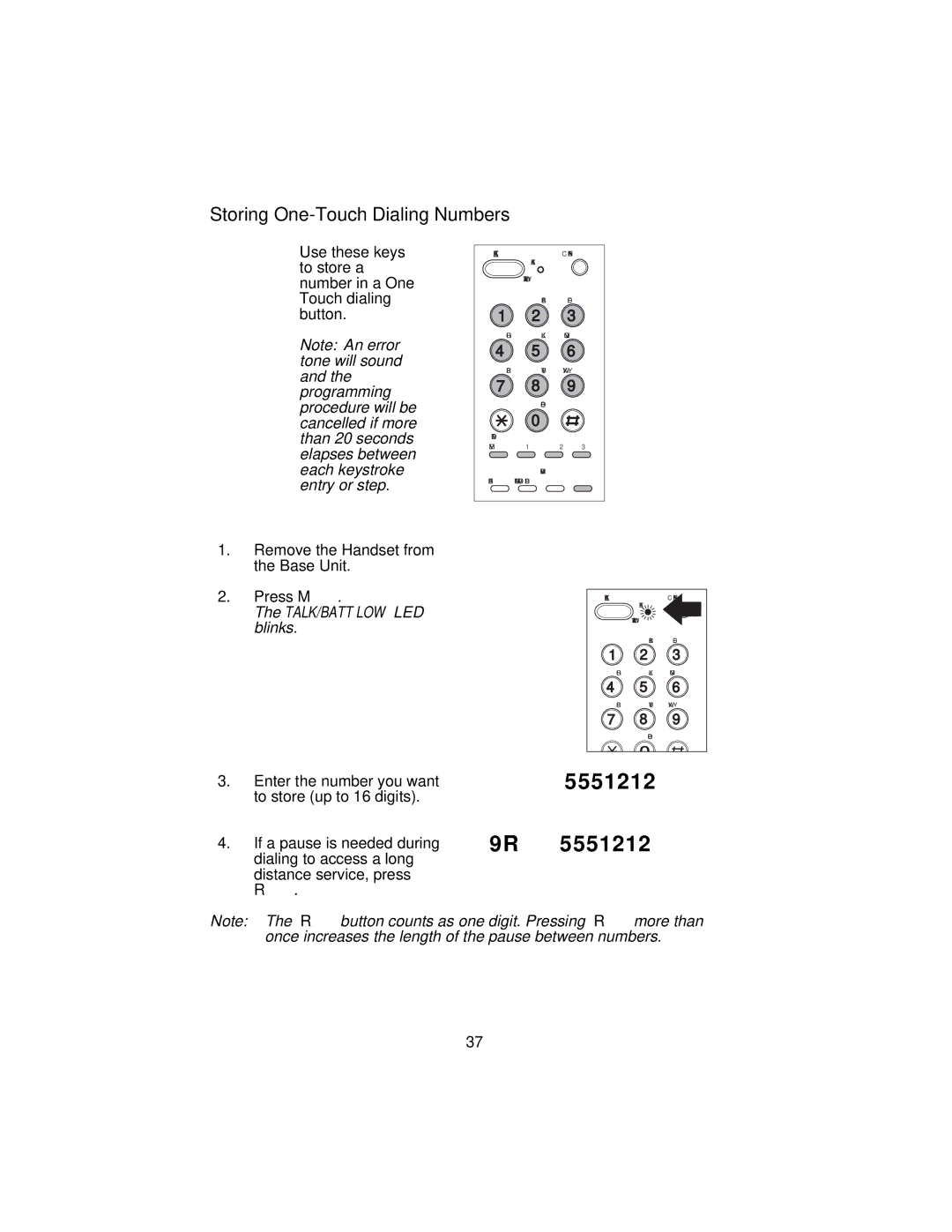 Uniden XC3510 important safety instructions 9R5551212, Storing One-Touch Dialing Numbers 