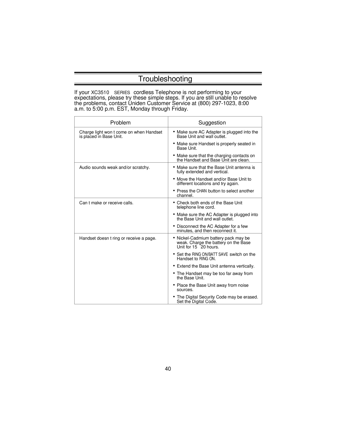 Uniden XC3510 important safety instructions Troubleshooting, Problem Suggestion 