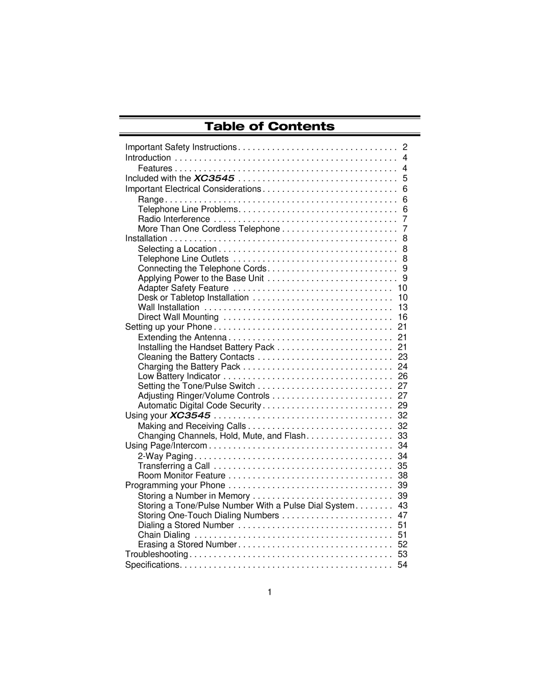 Uniden XC3545 important safety instructions Table of Contents 