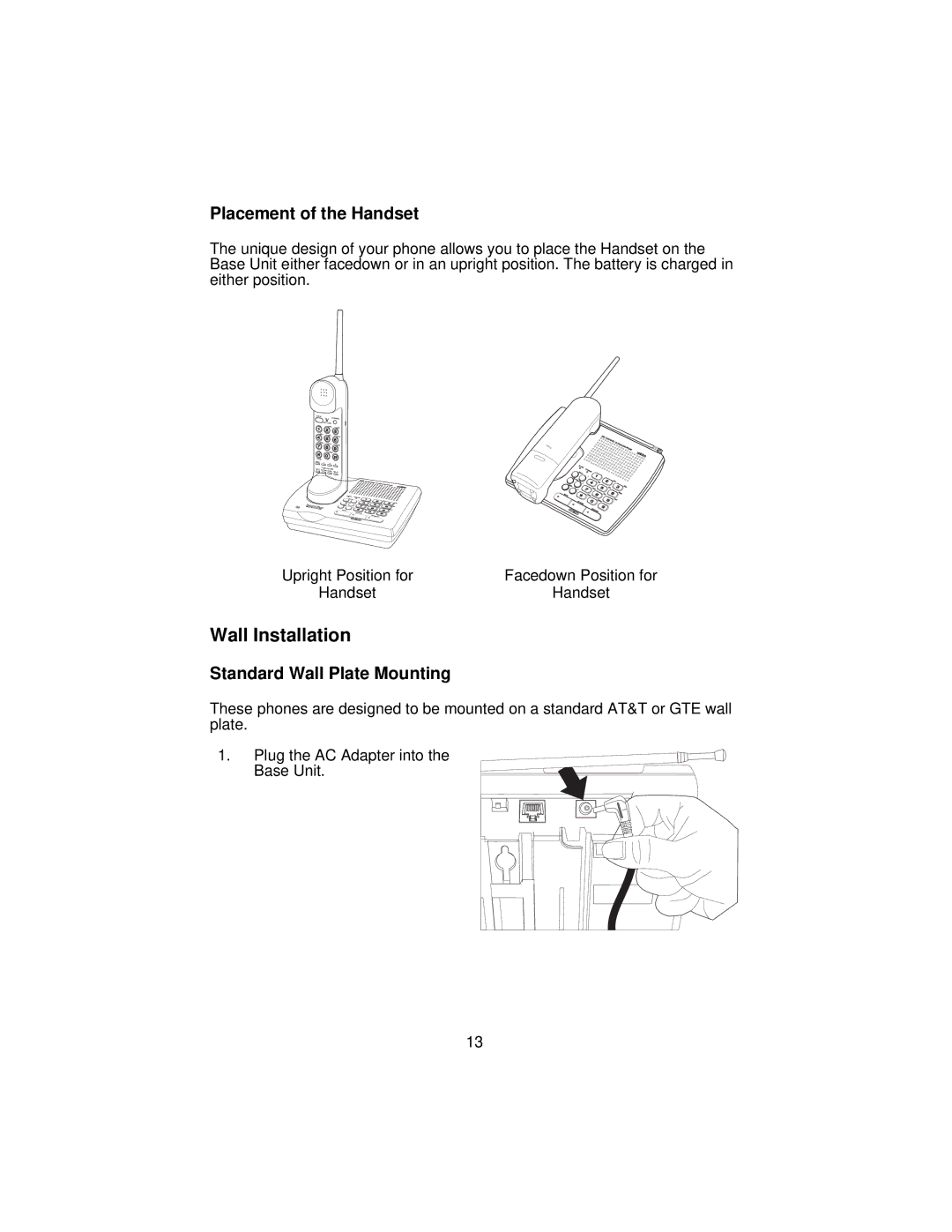 Uniden XC3545 important safety instructions Wall Installation, Placement of the Handset, Standard Wall Plate Mounting 