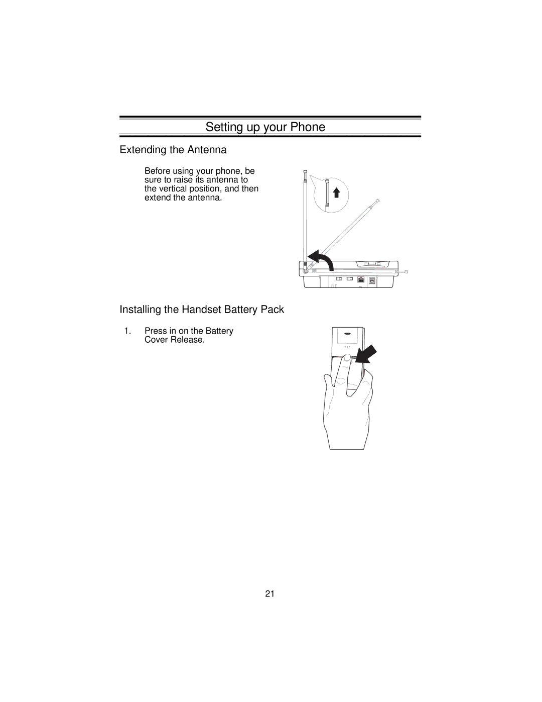 Uniden XC3545 Setting up your Phone, Extending the Antenna, Installing the Handset Battery Pack 
