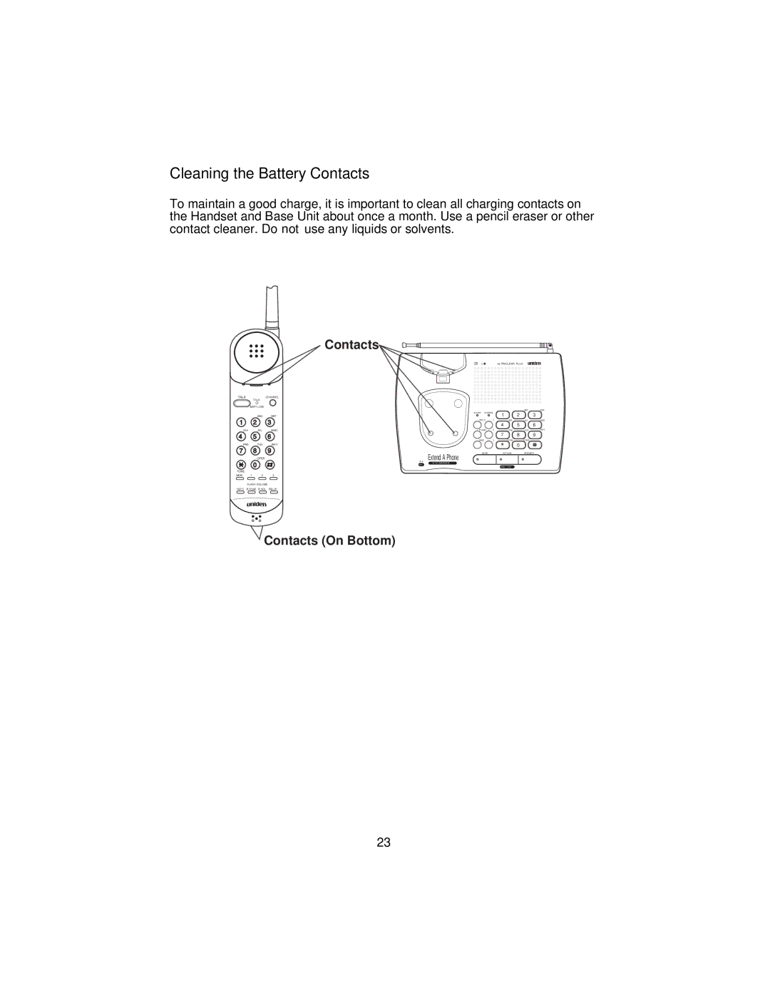 Uniden XC3545 important safety instructions Cleaning the Battery Contacts 