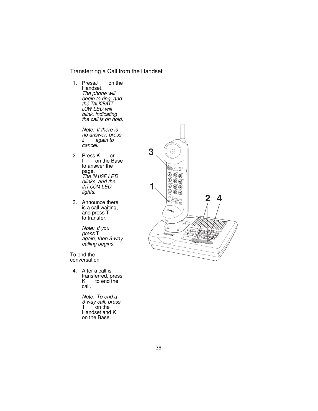 Uniden XC3545 important safety instructions Transferring a Call from the Handset, Int’Com Led 