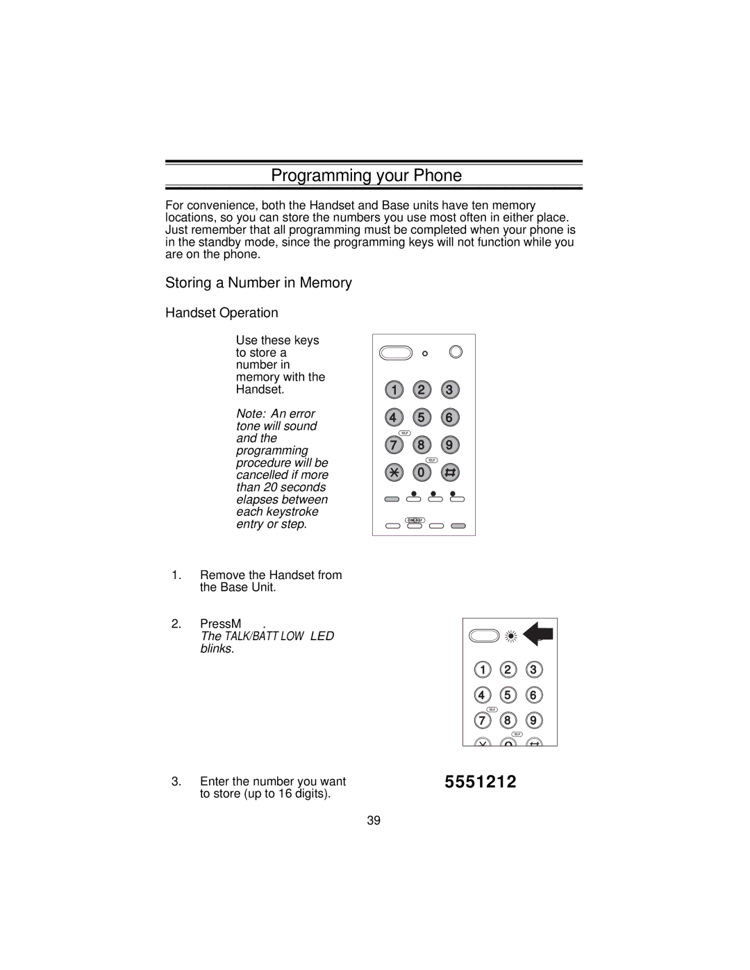 Uniden XC3545 important safety instructions Programming your Phone, Storing a Number in Memory, Handset Operation 